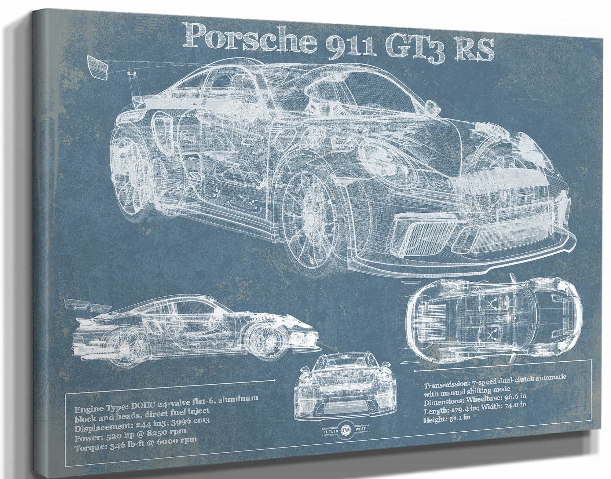 Porsche 911 GT3 RS Vintage Blueprint Auto Print
