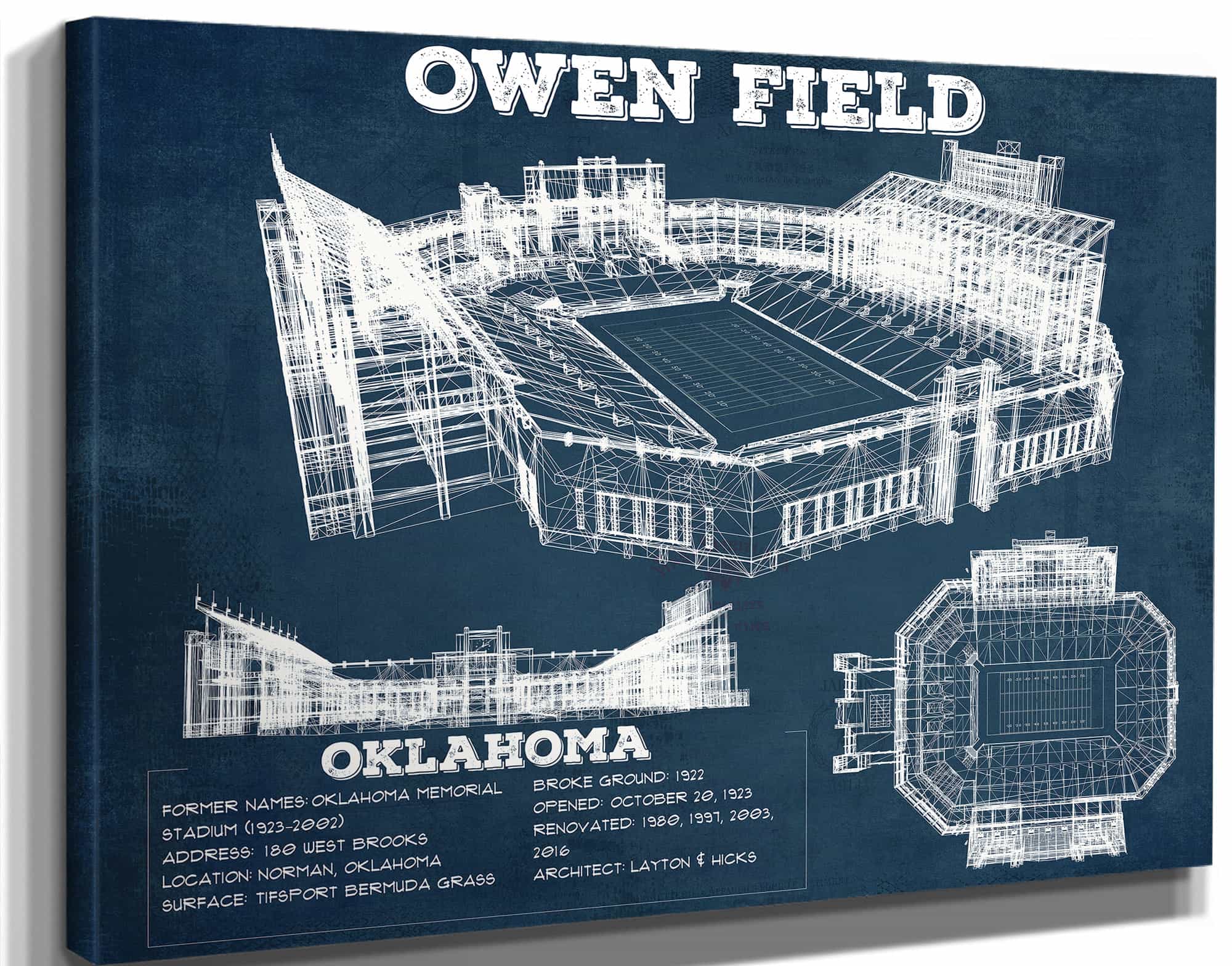 Oklahoma Sooners Football Gaylord Family Oklahoma Memorial Vintage Stadium Blueprint Art Print