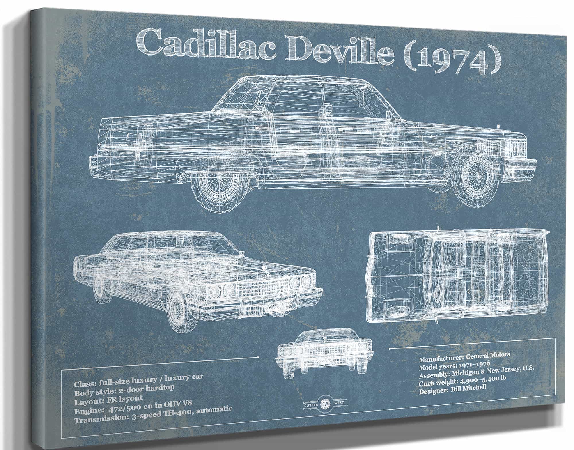Cadillac DeVille 1974 Vintage Blueprint Auto Print