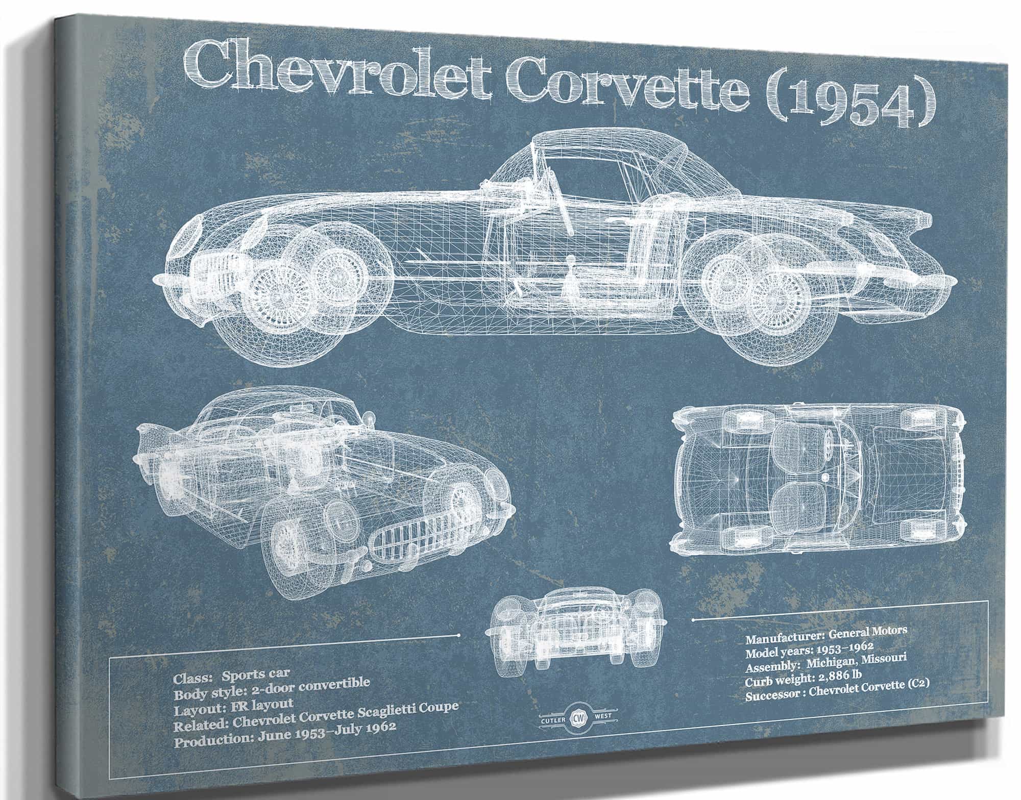 Chevrolet Corvette 1954 Vintage Blueprint Auto Print