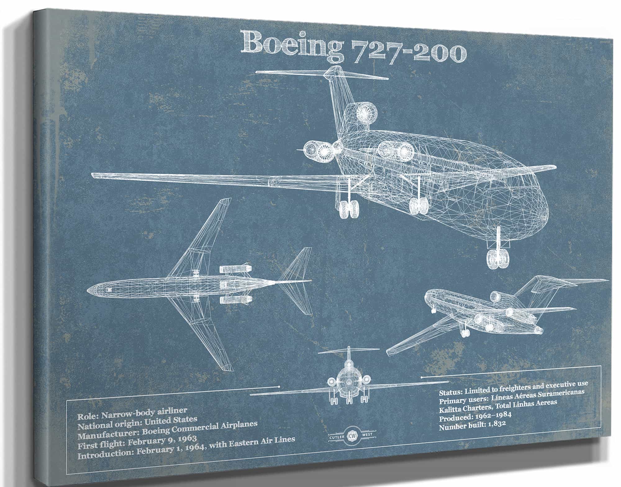 Boeing 727-200 Vintage Aviation Blueprint Print - Custom Pilot Name Can Be Added