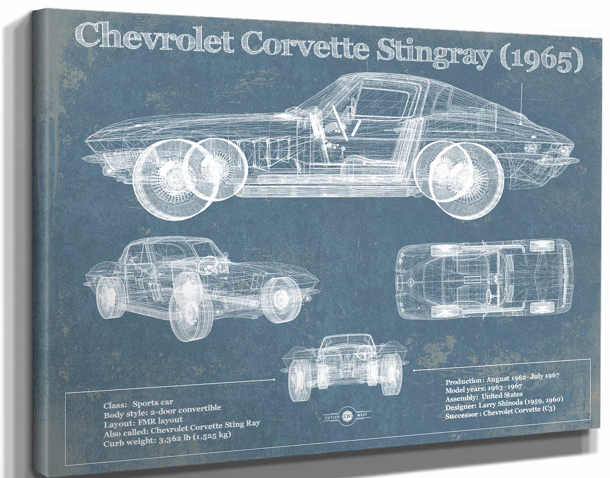 Chevrolet Corvette Stingray 1965 Blueprint Vintage Auto Print