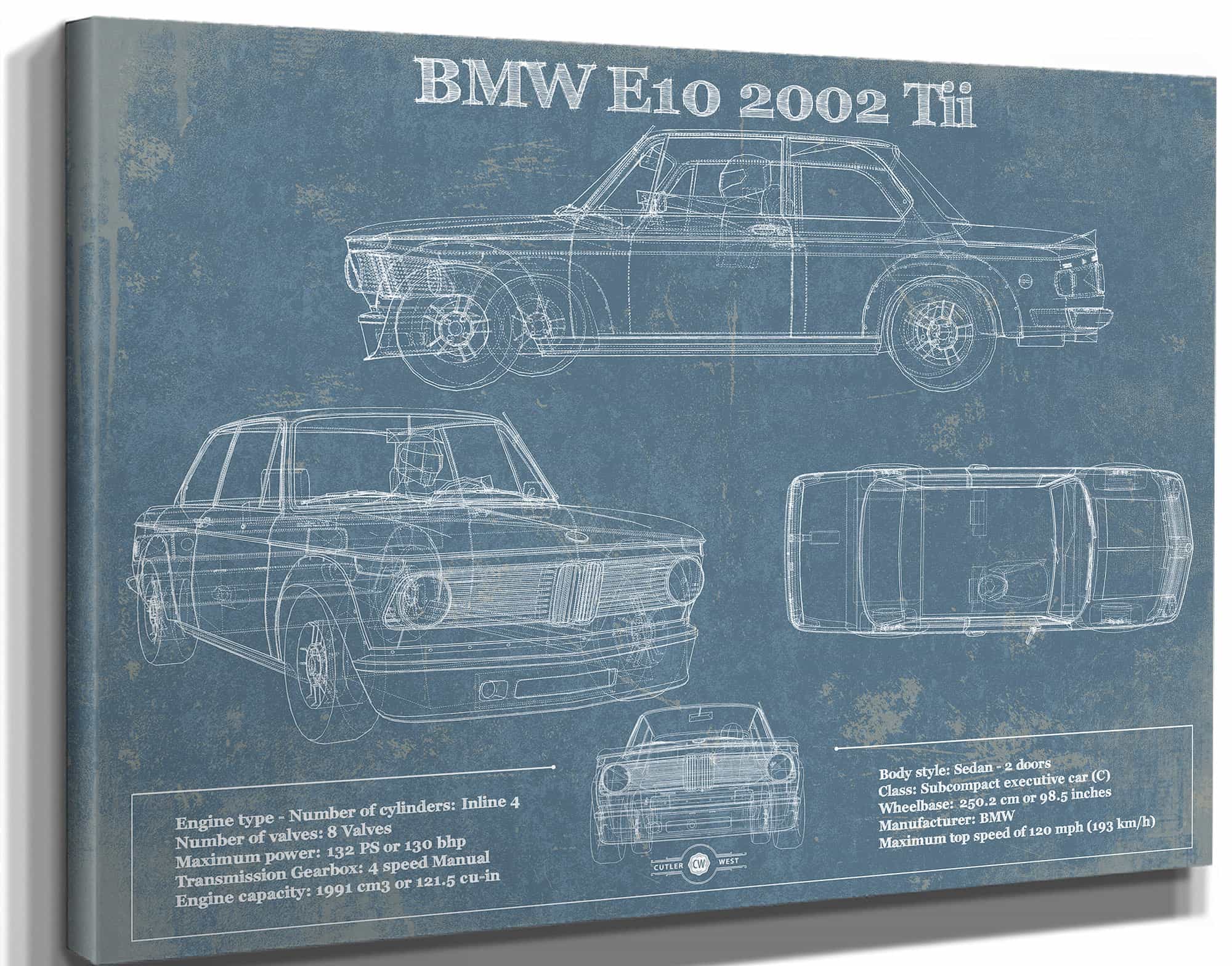 BMW E10 2002 Tii Blueprint Vintage Auto Print