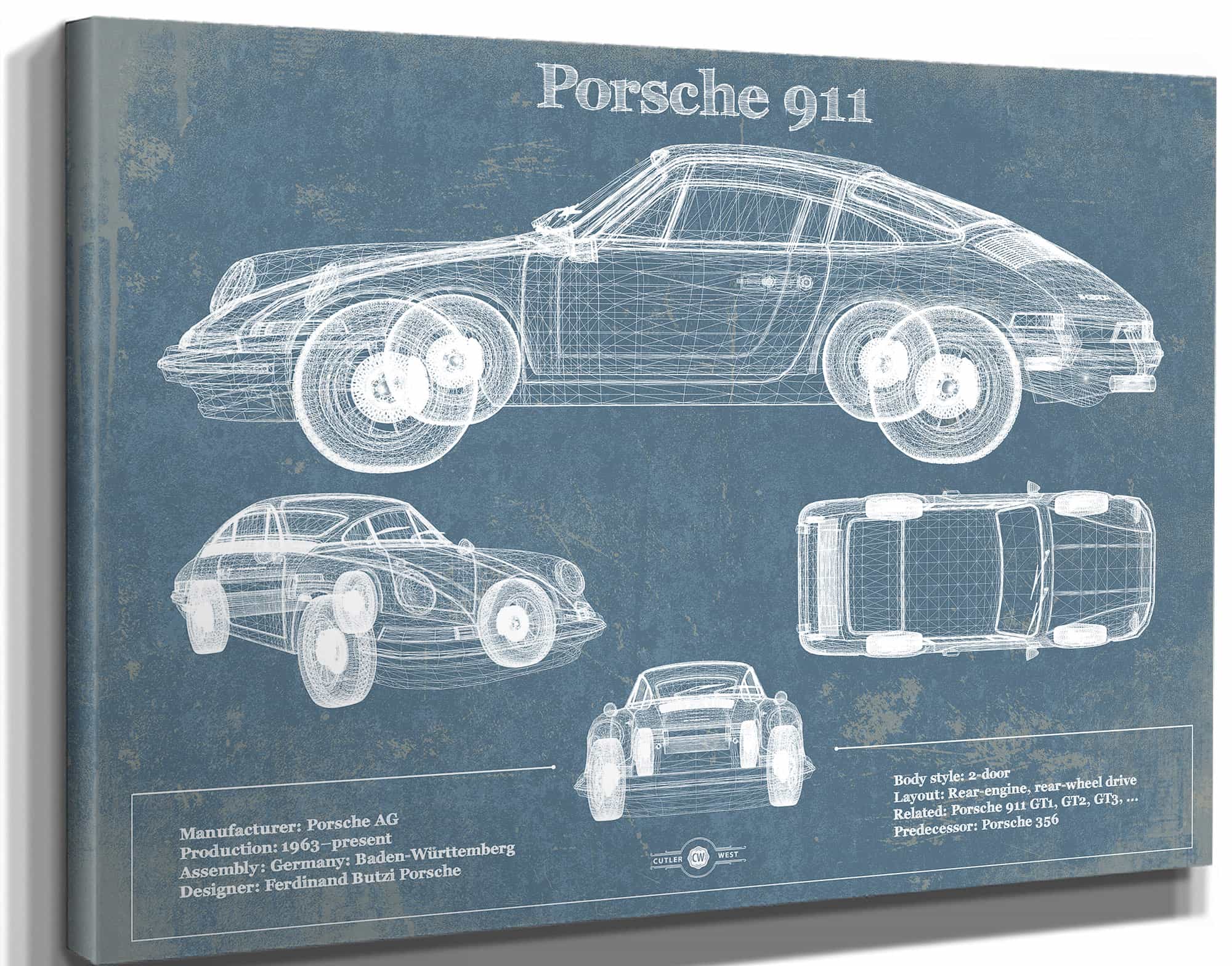 Porsche 911 Vintage Blueprint Auto Print