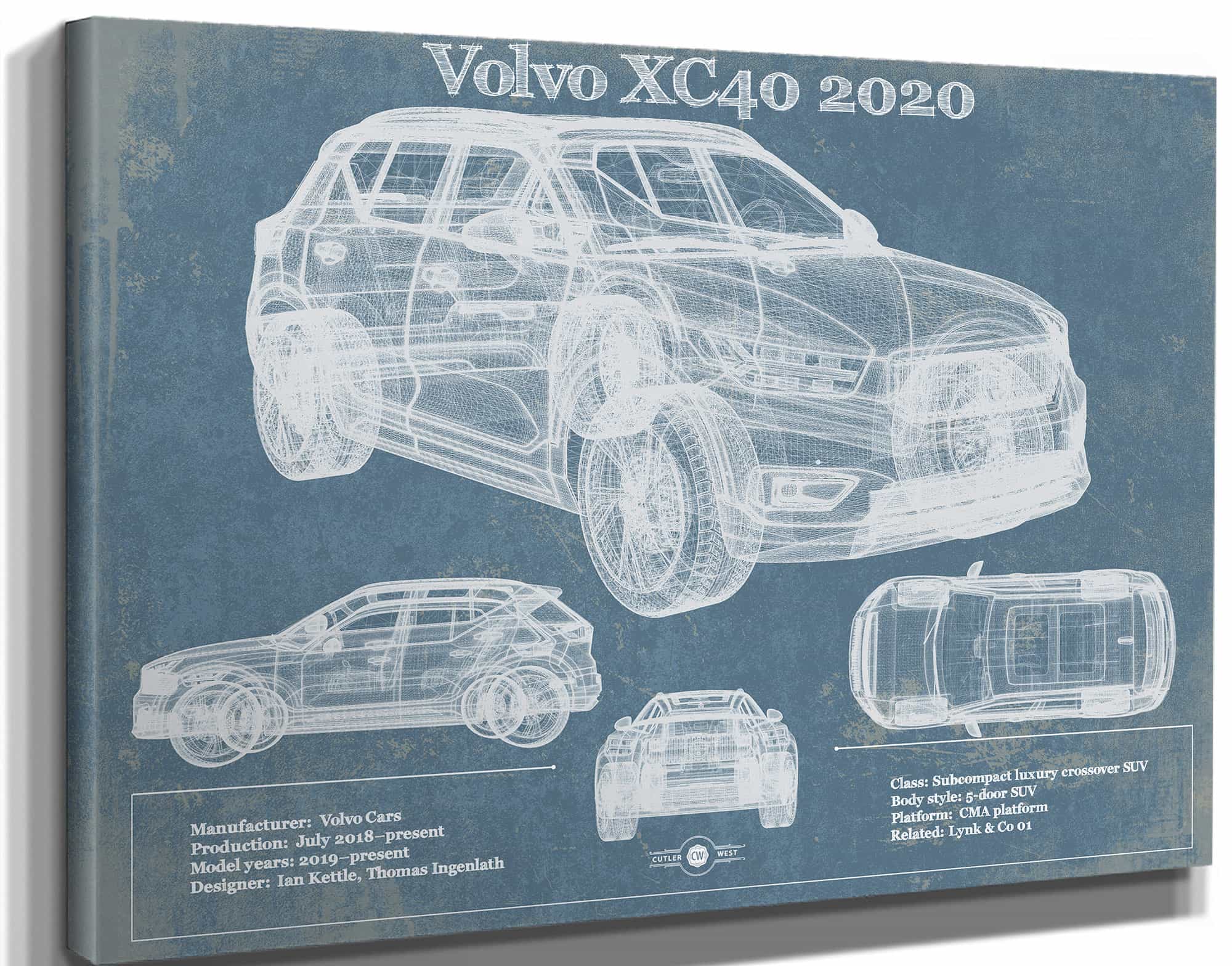 Volvo XC40 SUV Vintage Blueprint Auto Print