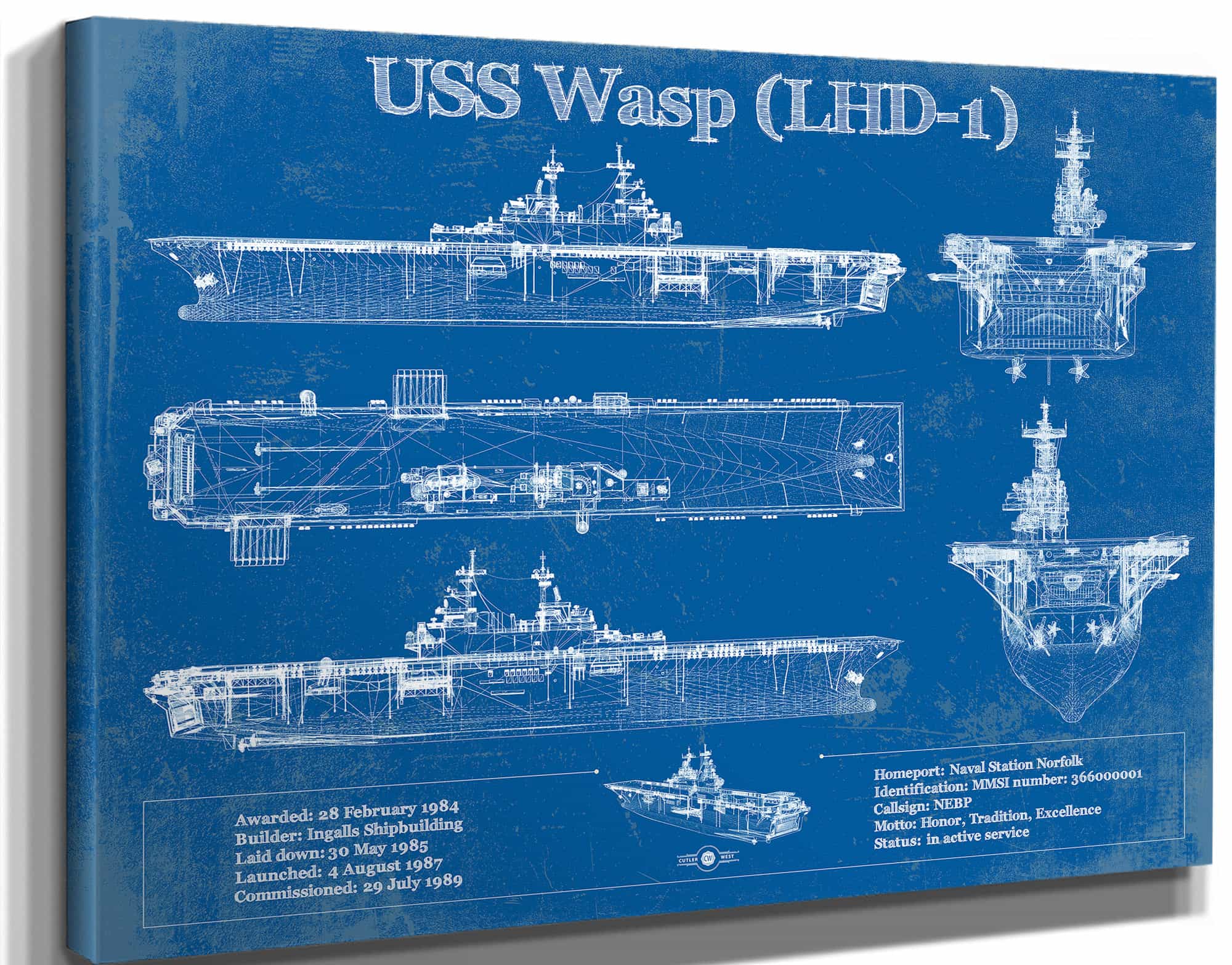 USS Wasp (LHD-1) Aircraft Carrier Blueprint Original Military Wall Art - Customizable