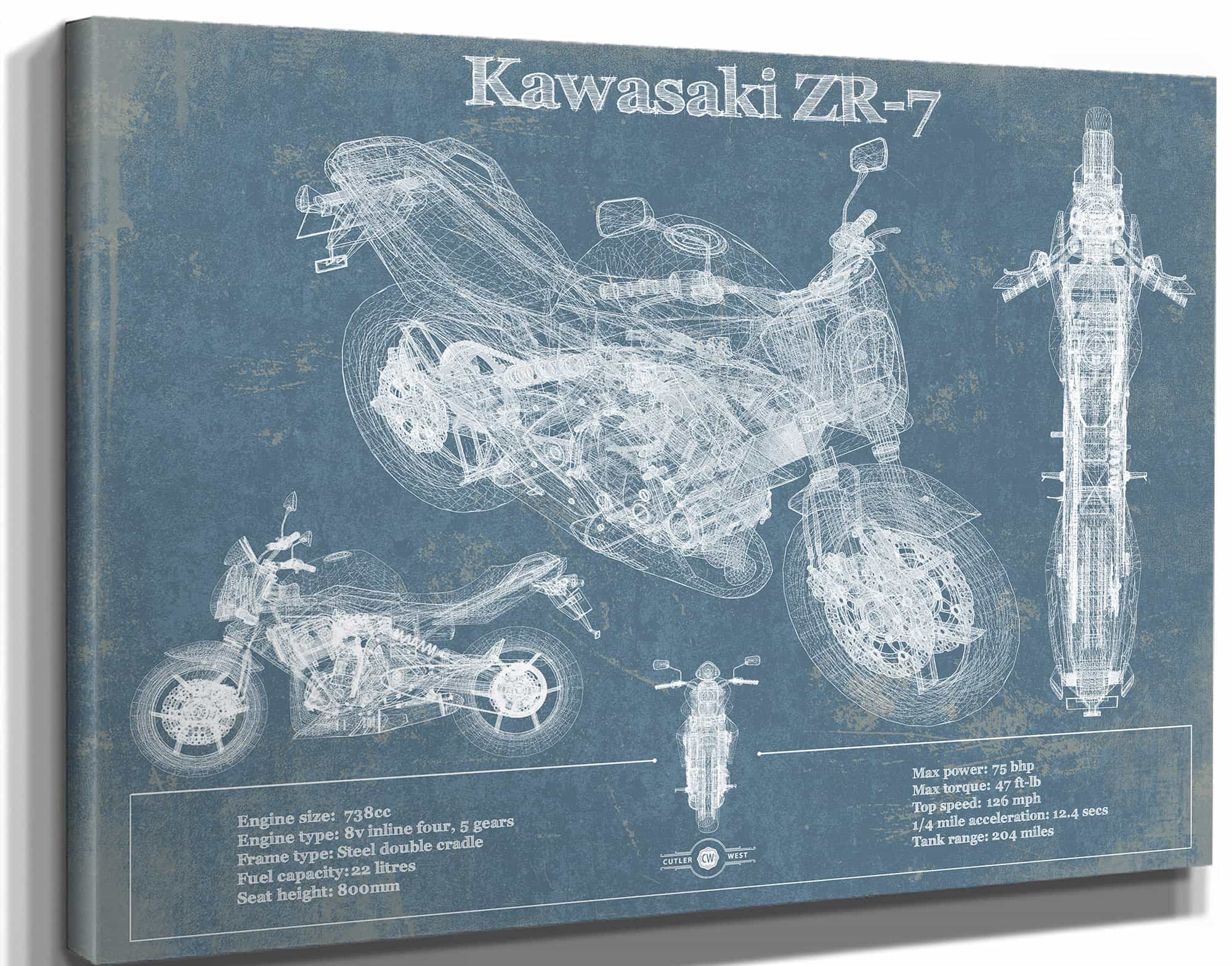 Kawasaki ZR-7 Vintage Blueprint Motorcycle Patent Print