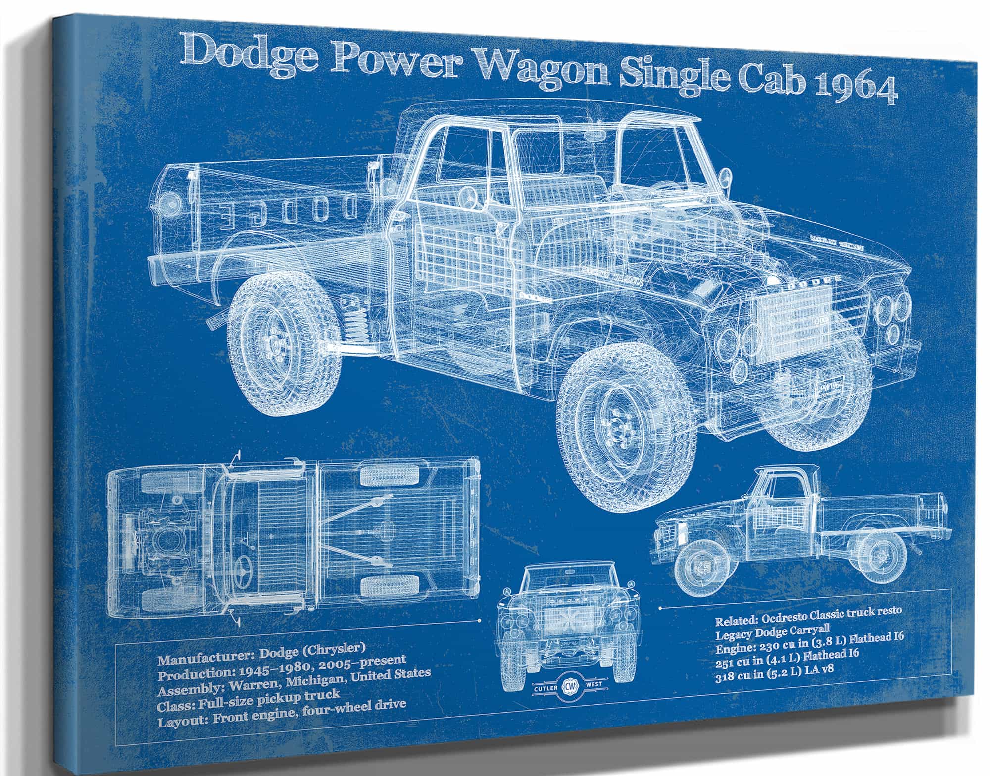 Dodge Power Wagon Single Cab 1964 Vintage Blueprint Auto Print