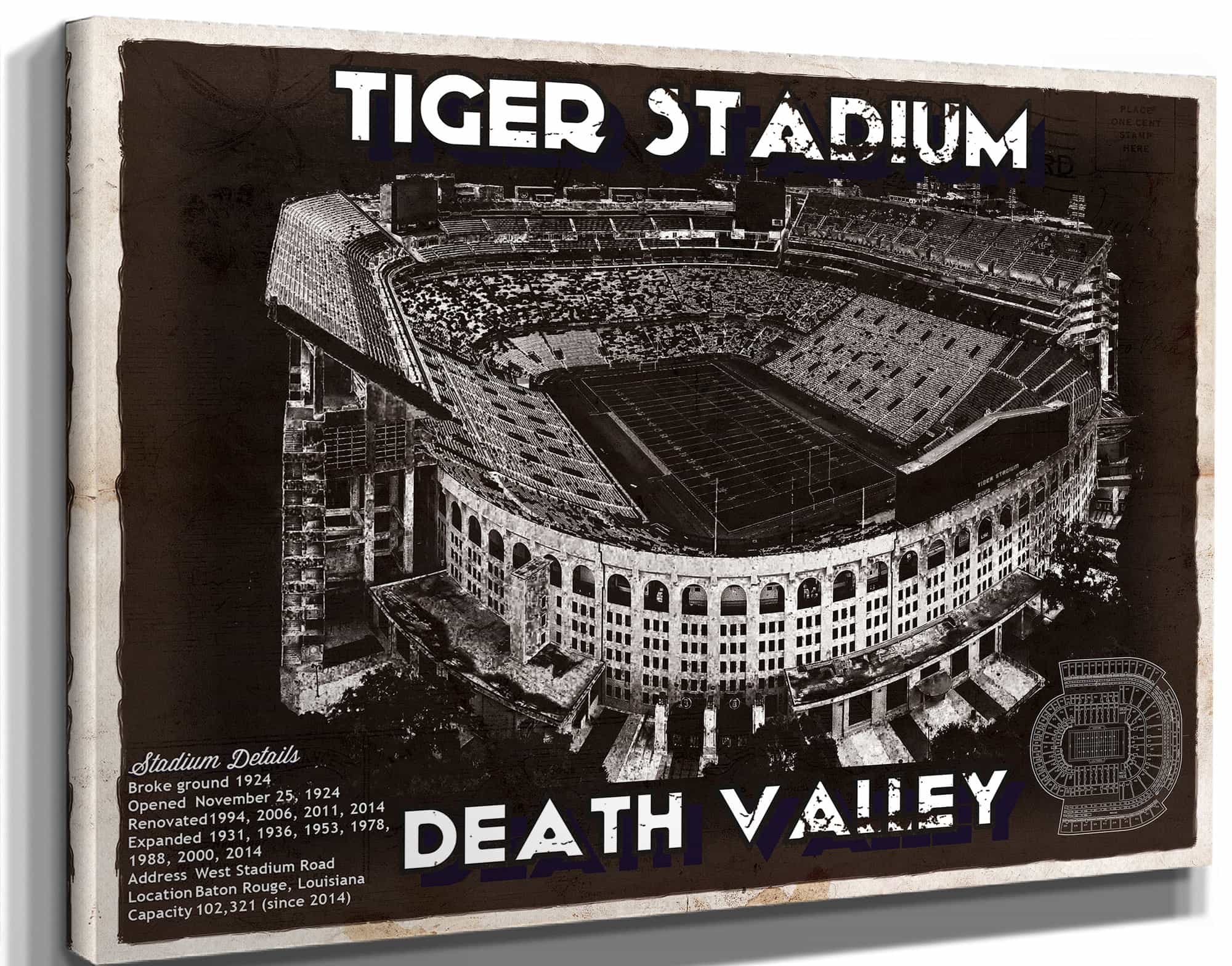 Tiger Stadium Art - LSU Tigers Vintage Stadium & Blueprint Art Print