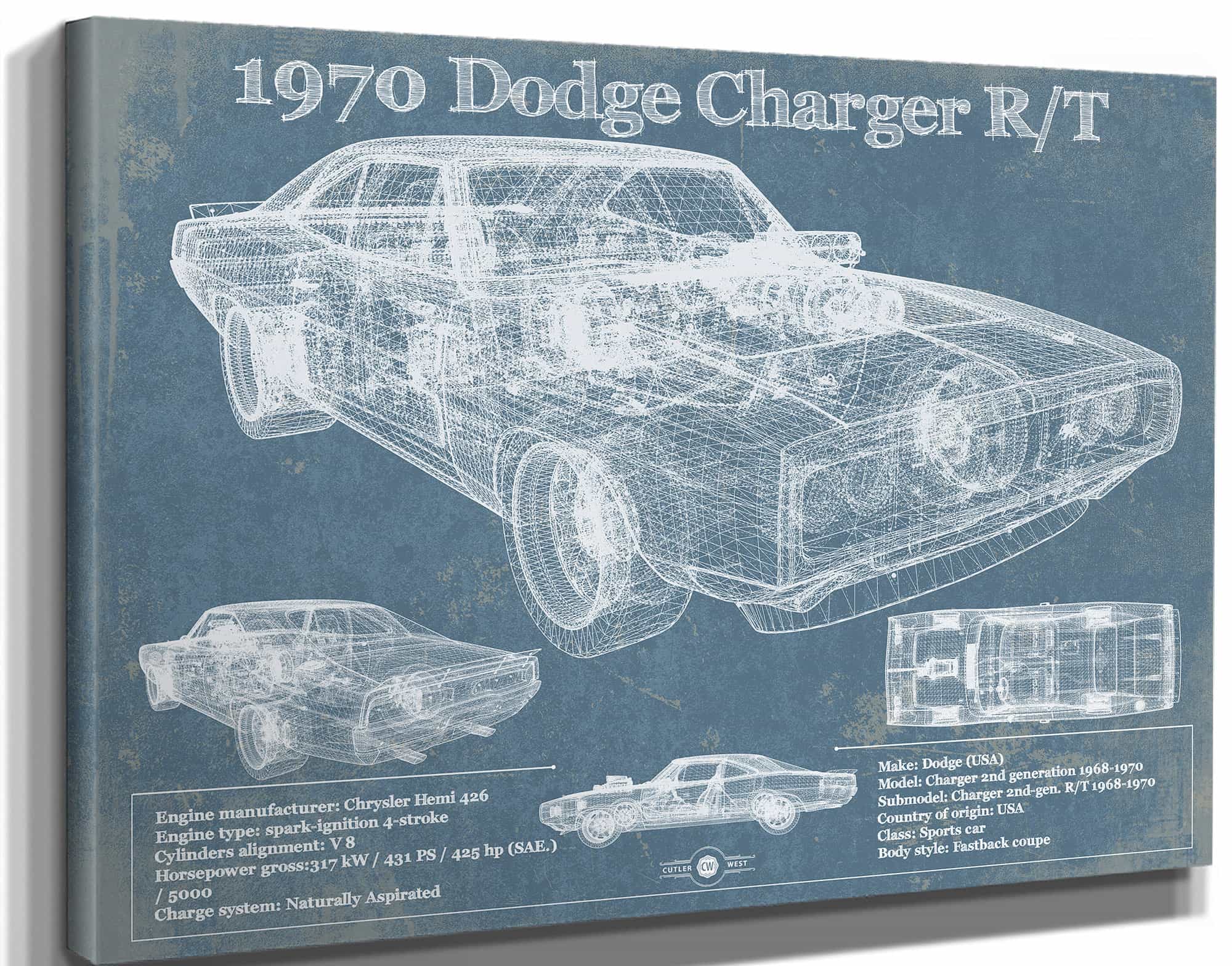 Dodge Charger 1970 R/T (Fast and Furious) Sports Car Blueprint Patent Original Art