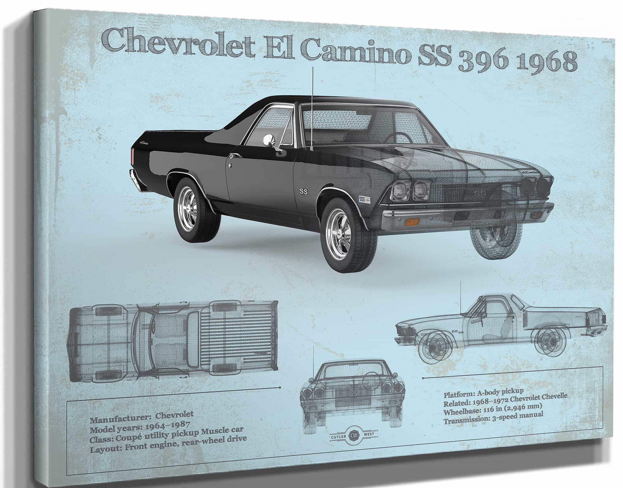 Chevrolet El Camino SS 396 1968 Vintage Blueprint Auto Print