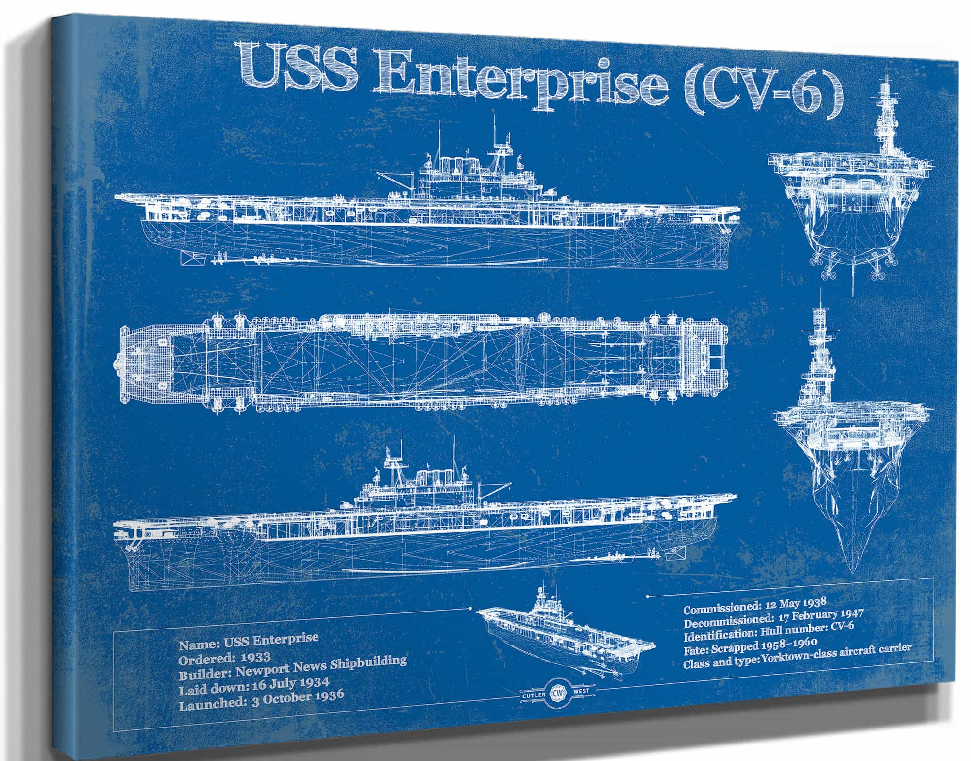 USS Enterprise (CV-6) Aircraft Carrier Blueprint Original Military Wall Art - Customizable