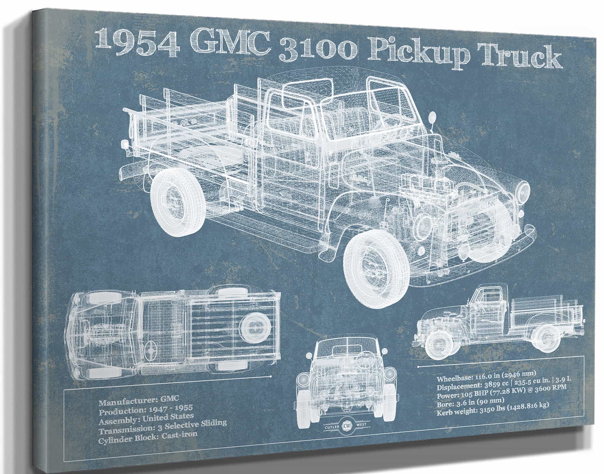 1954 GMC 3100 Pickup Truck Vintage Blueprint Auto Print