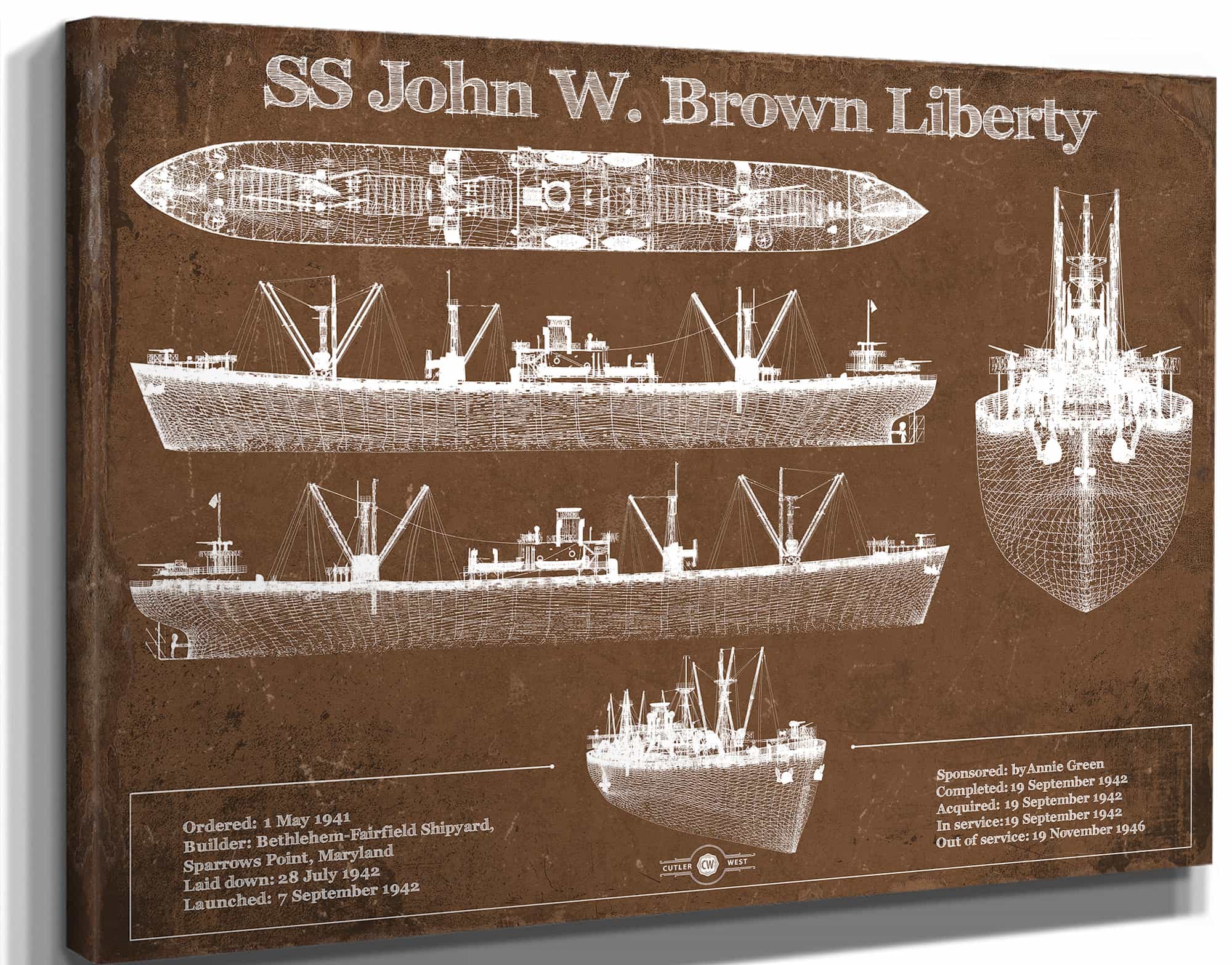 SS John W. Brown Liberty ship Blueprint Original Military Wall Art - Customizable
