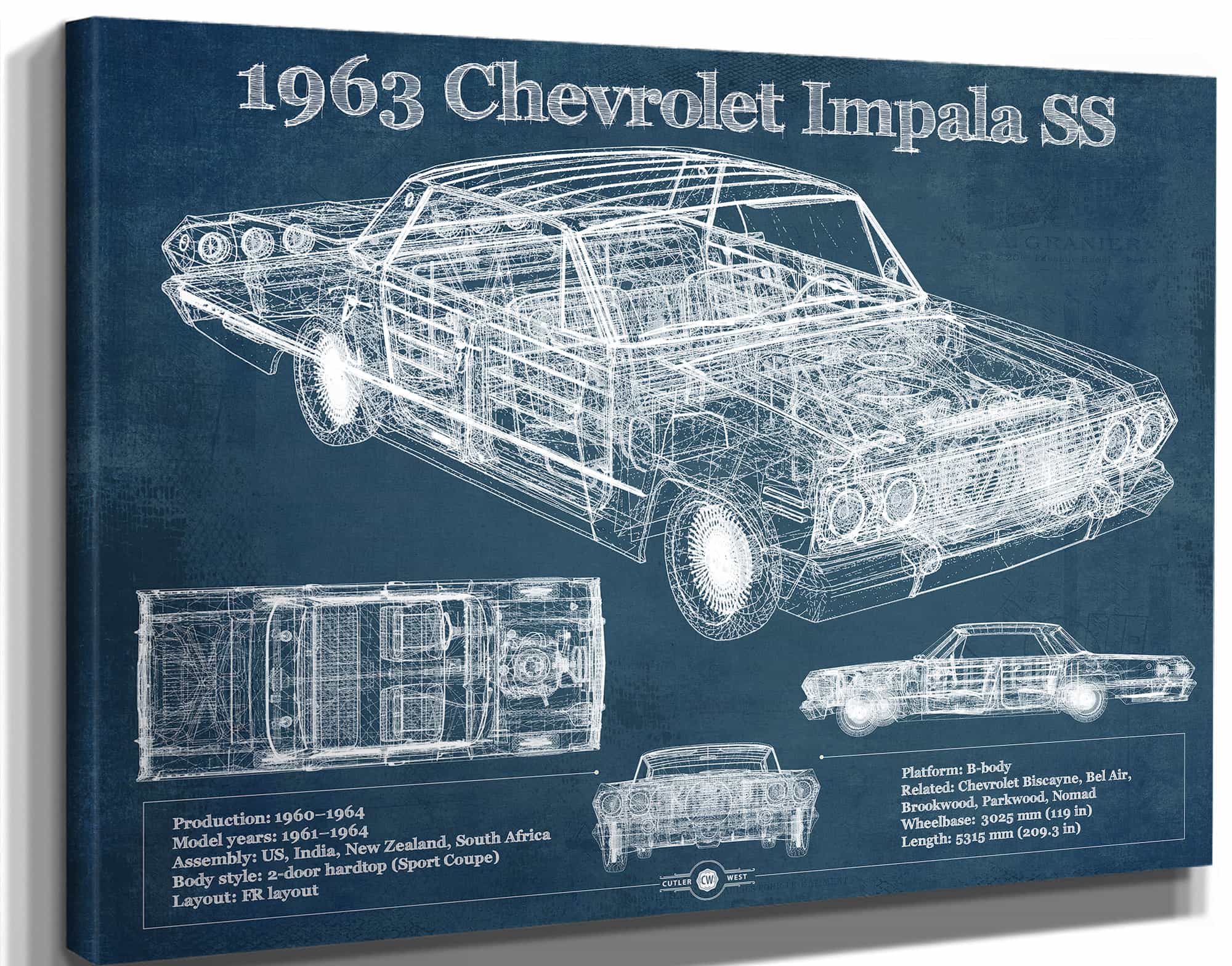 1963 Chevrolet Impala SS Hardtop Sport Coupe Blueprint Vintage Auto Print