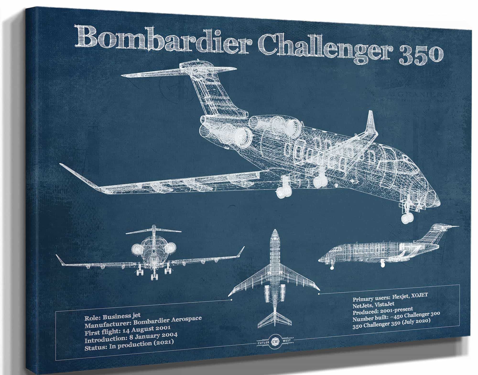 Bombardier Challenger 350 Vintage Aviation Blueprint Print - Custom Pilot Name can be Added