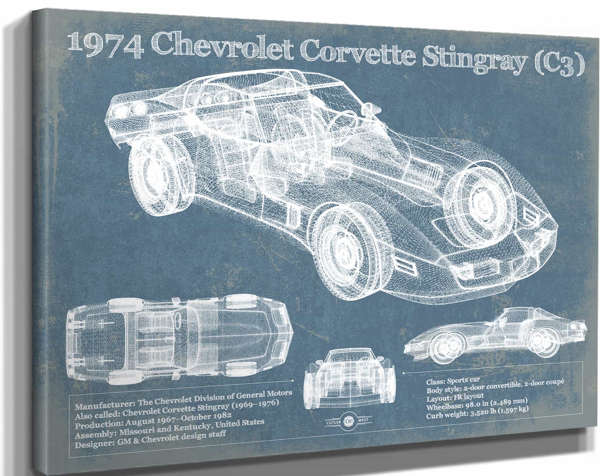 1974 Chevrolet Corvette Stingray (C3) Coupe Vintage Blueprint Auto Print