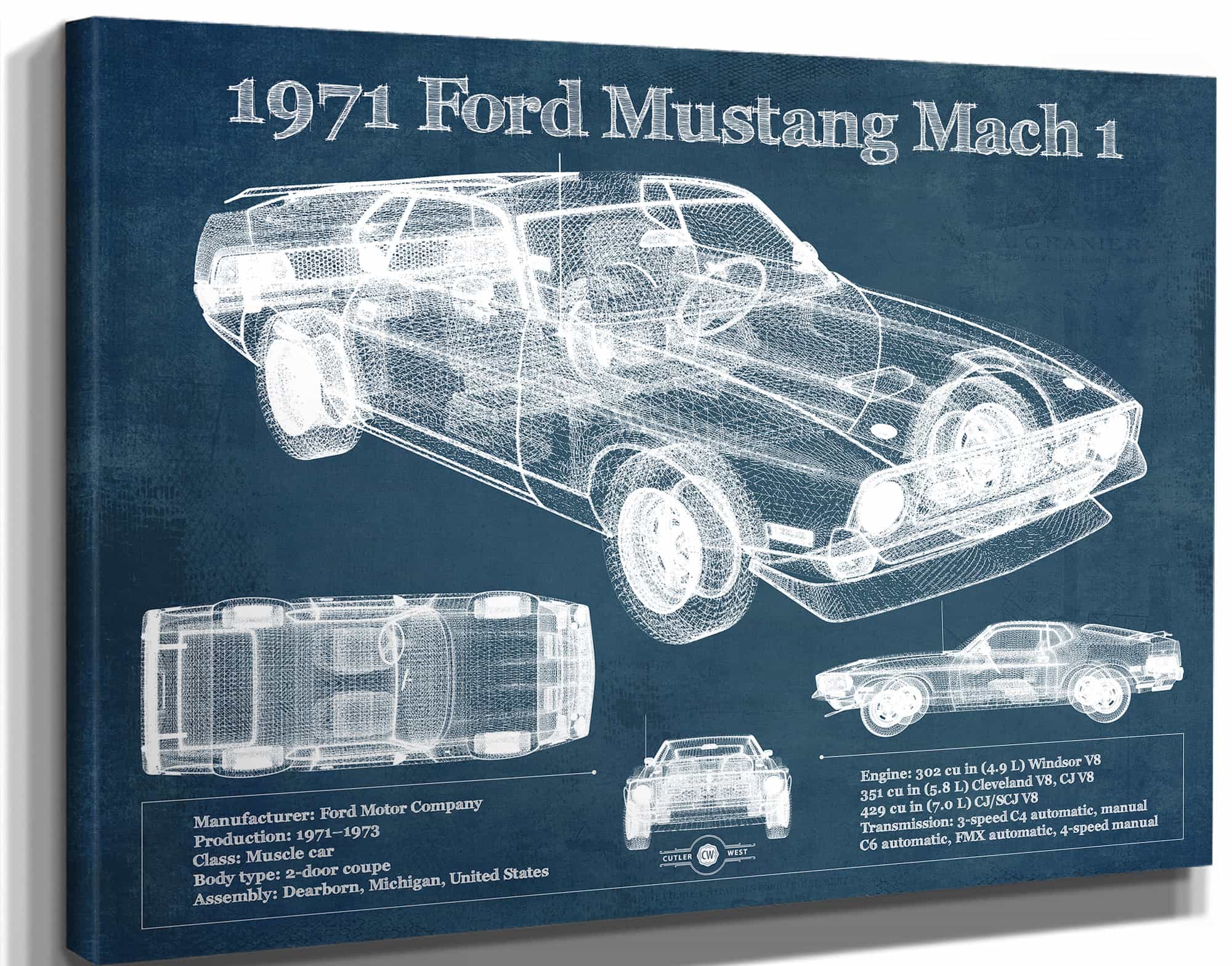 1971-1973 Ford Mustang Mach 1 First Gen Mustang Facelift Vintage Blueprint Auto Print