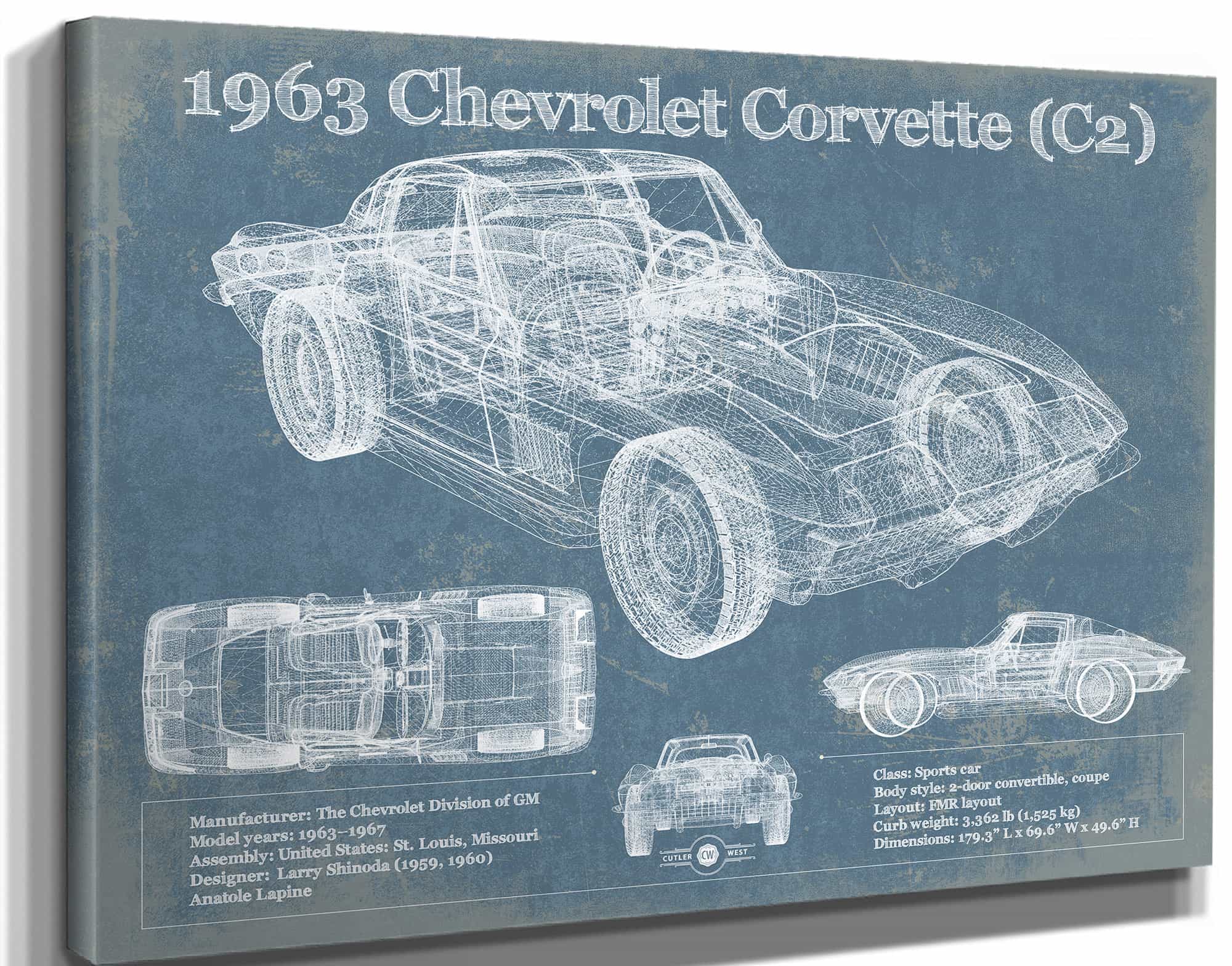 1963 Chevrolet Corvette (C2) Vintage Blueprint Auto Print