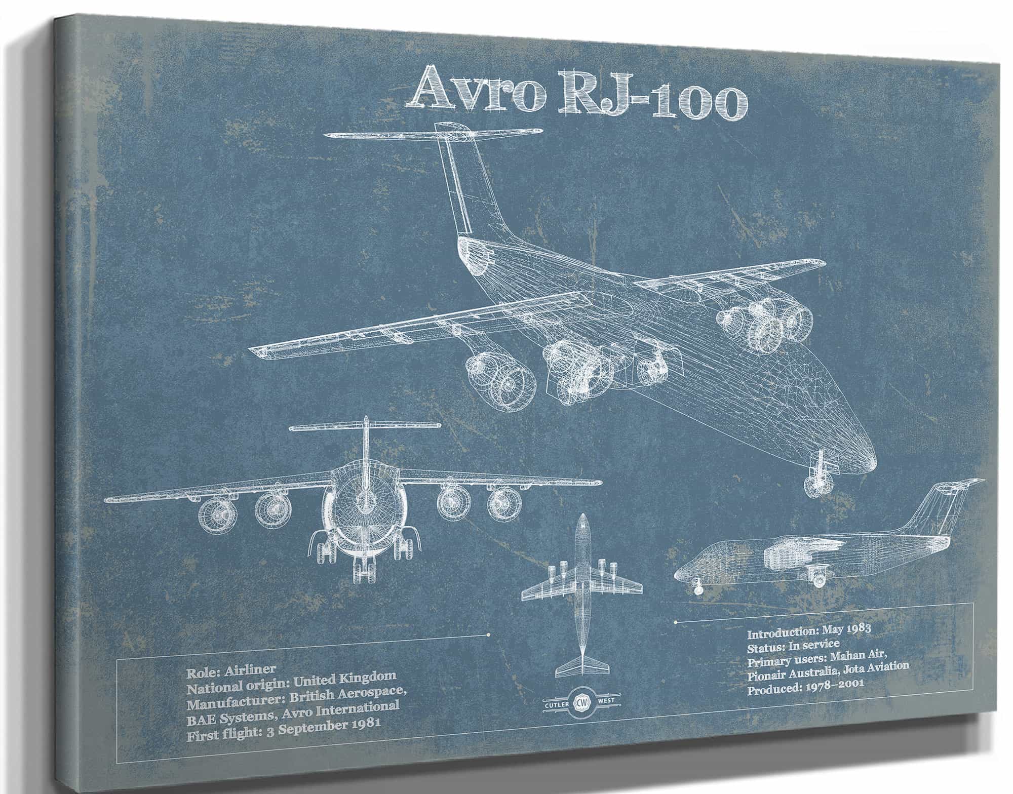Avro RJ-100 British Aerospace 146 Vintage Aviation Blueprint Print