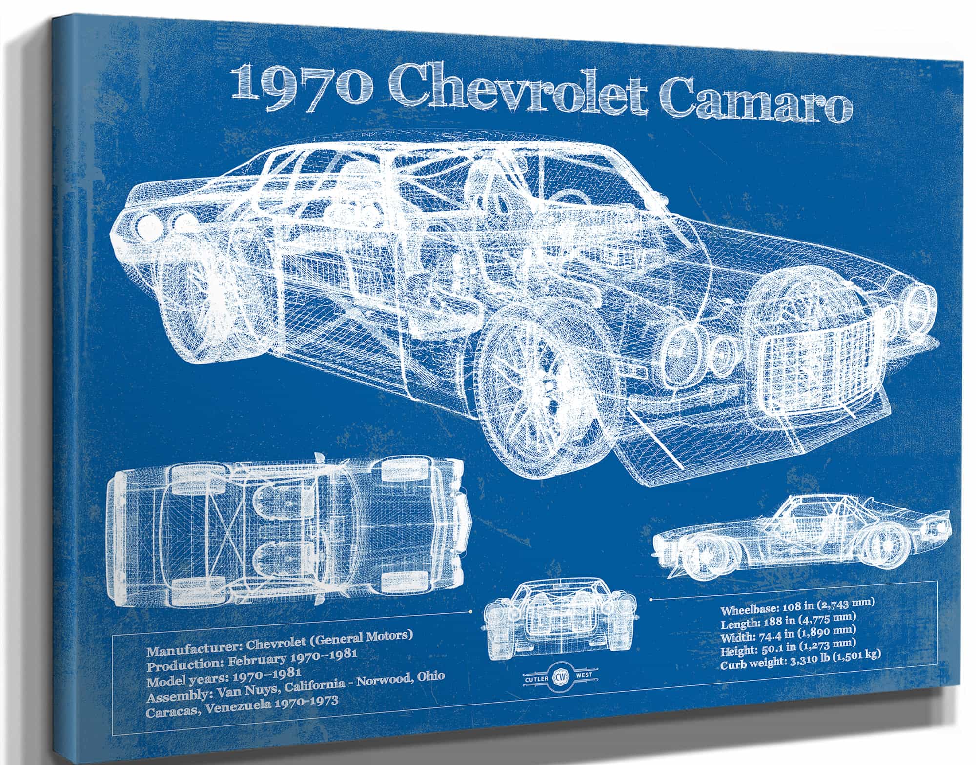 1970 Chevrolet Split Bumper Camaro Blueprint Vintage Auto Patent Print