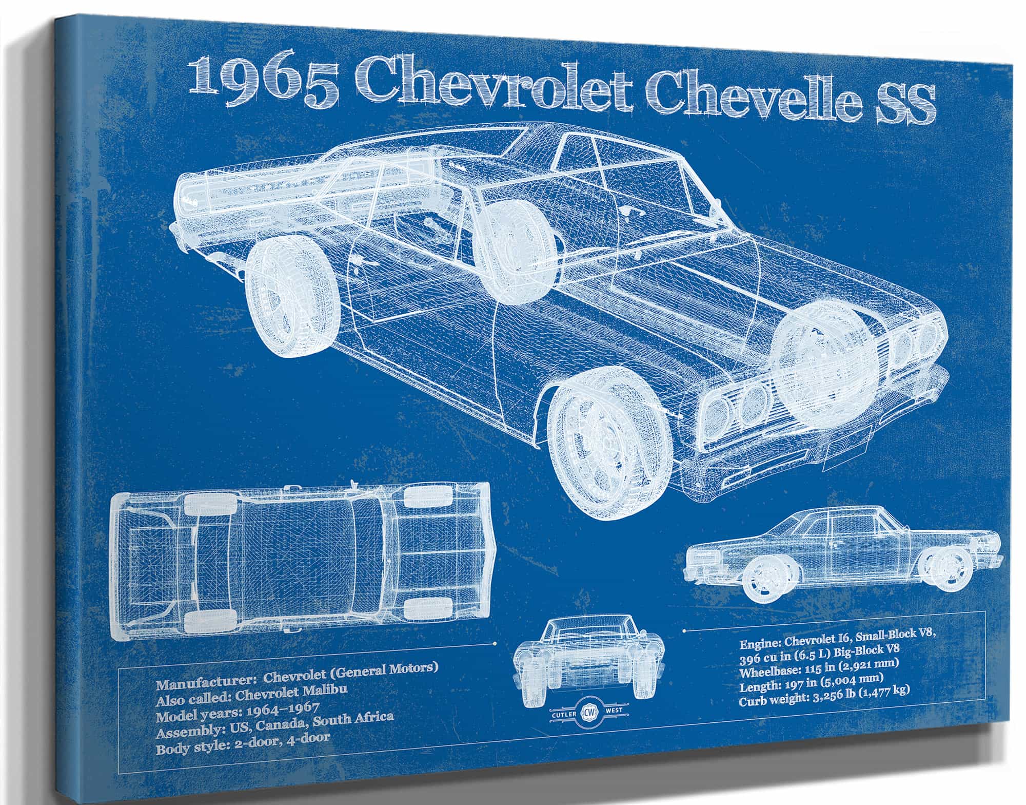 1965 Chevrolet Chevelle Malibu SS Vintage Blueprint Auto Print