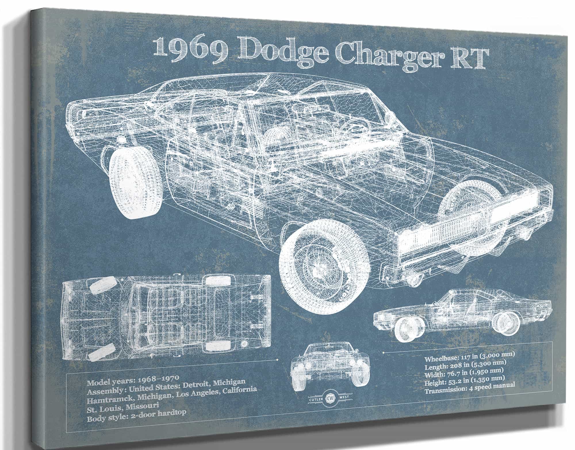 1969 Dodge Charger R/T Blueprint Vintage Auto Print
