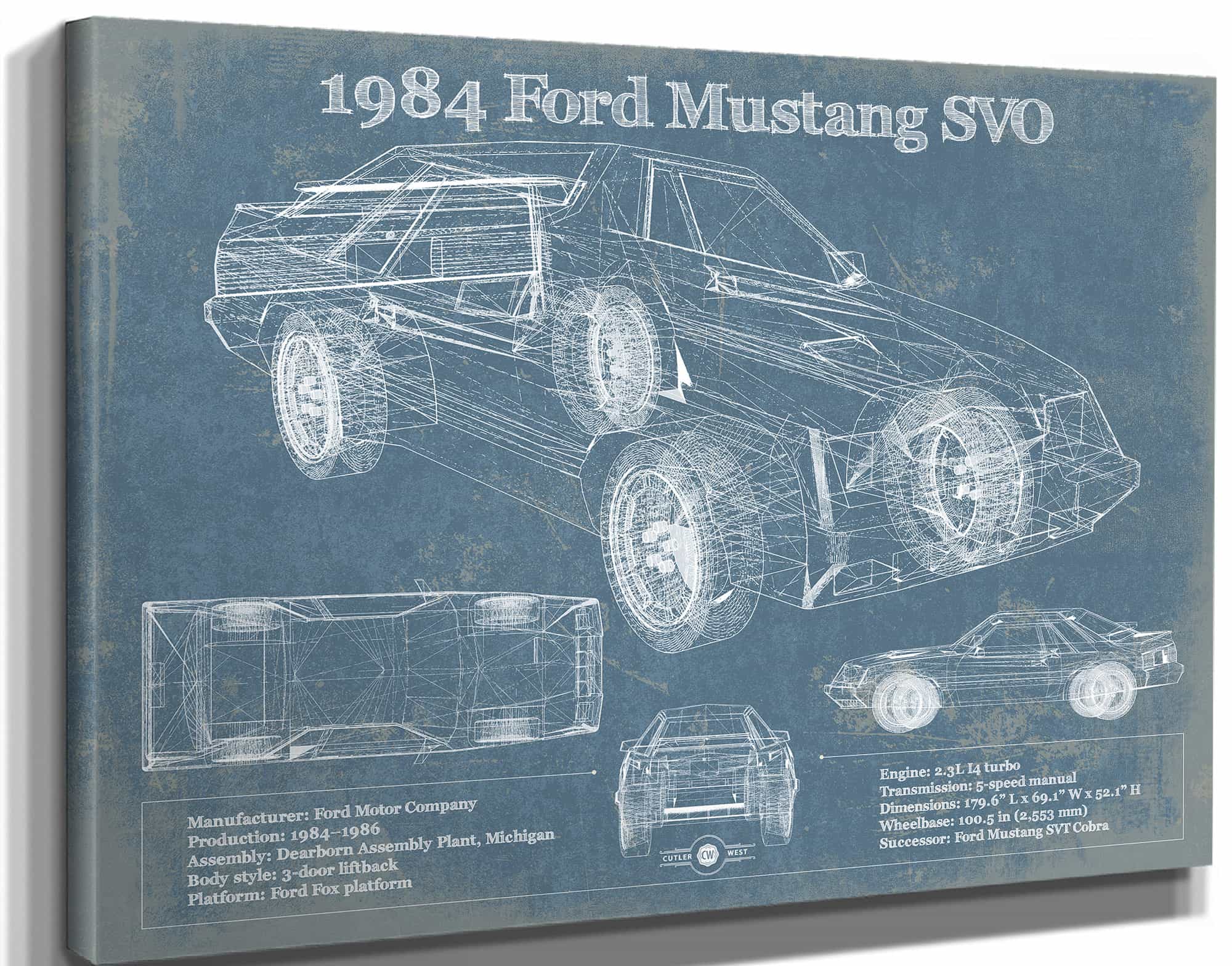 1984 Ford Mustang SVO Vintage Blueprint Auto Print