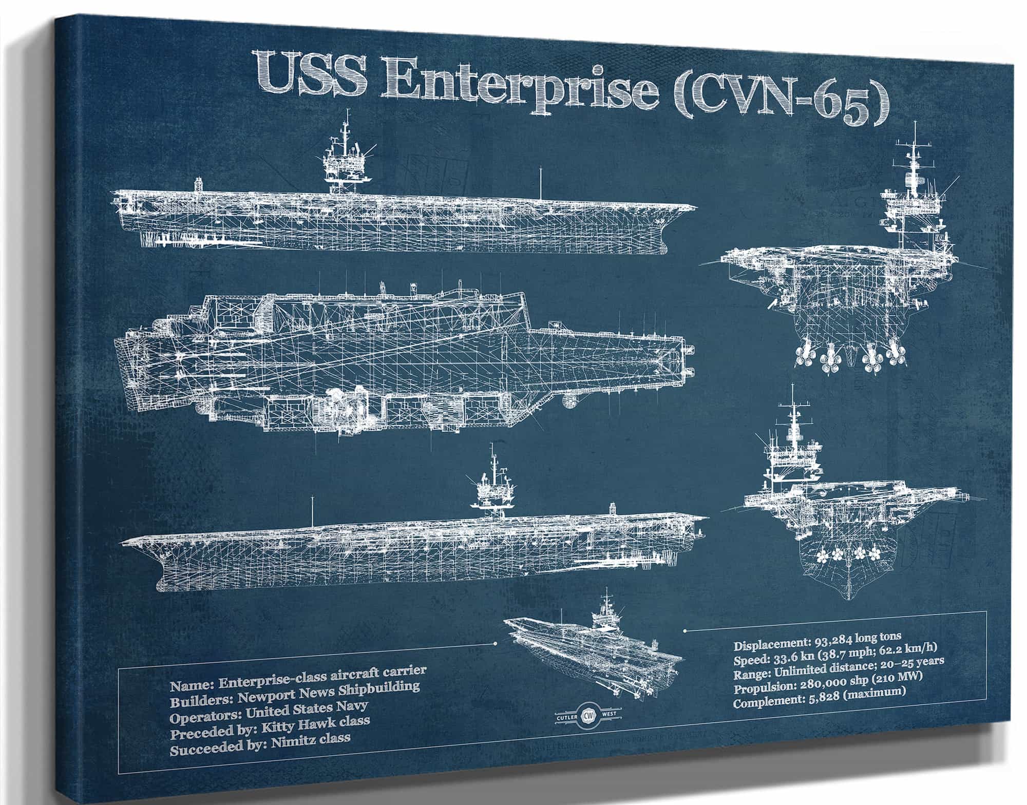 USS Enterprise (CVN-65) Aircraft Carrier Blueprint Original Military Wall Art - Customizable
