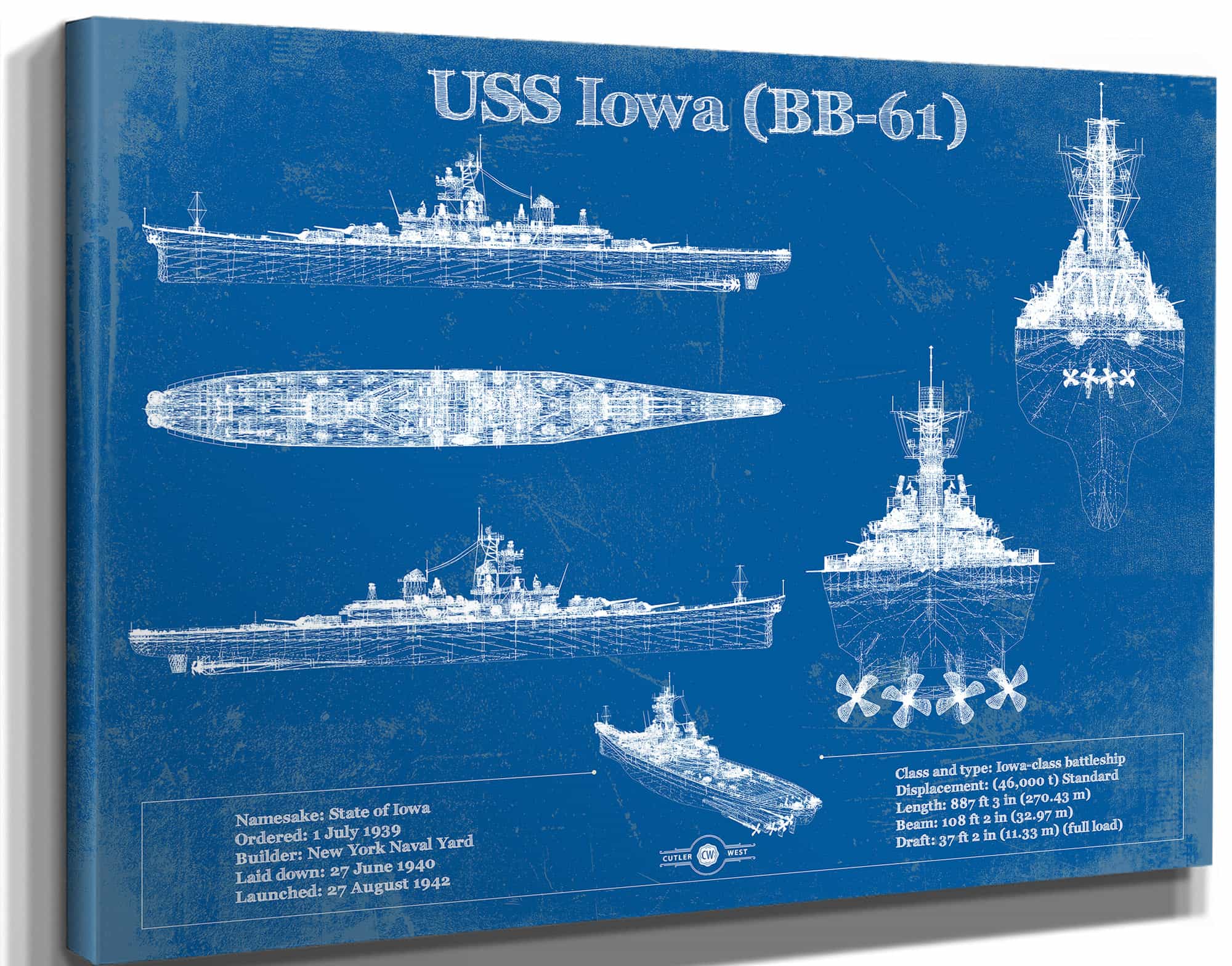 USS Iowa (BB-61) Battleship Blueprint Original Military Wall Art - Customizable