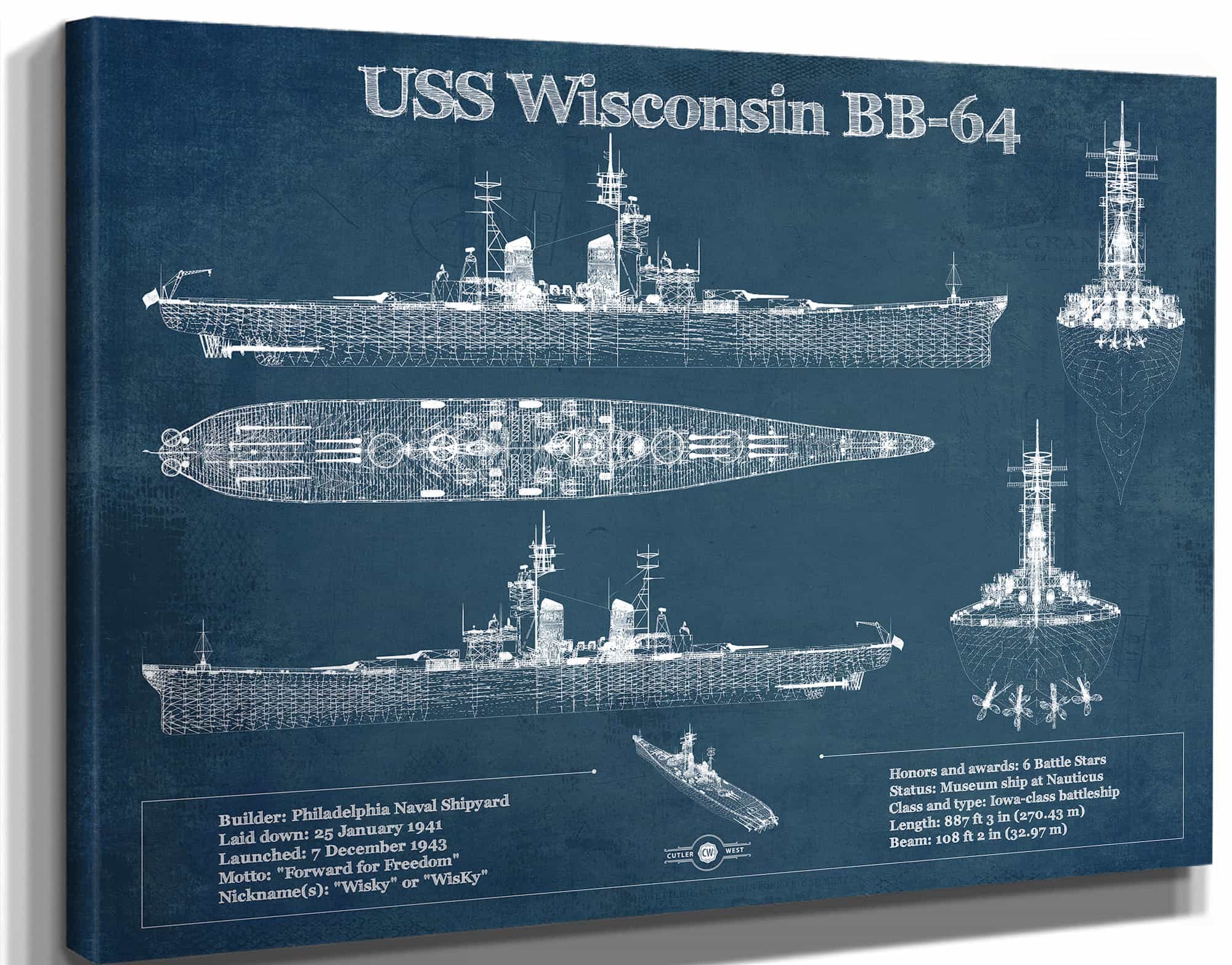 USS Wisconsin (BB-64) Blueprint Original Military Wall Art - Customizable