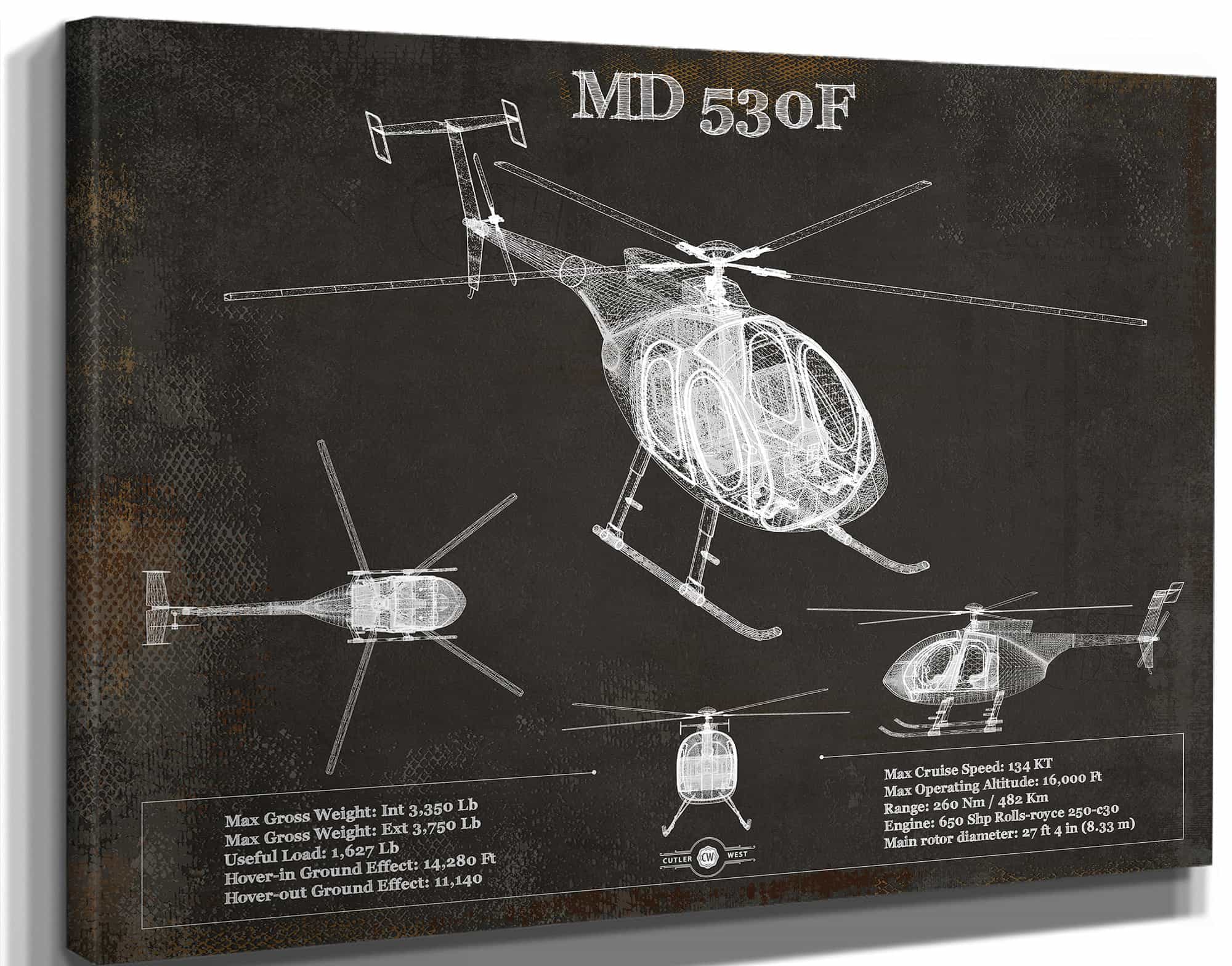 MD 530F Helicopter Vintage Aviation Blueprint Print