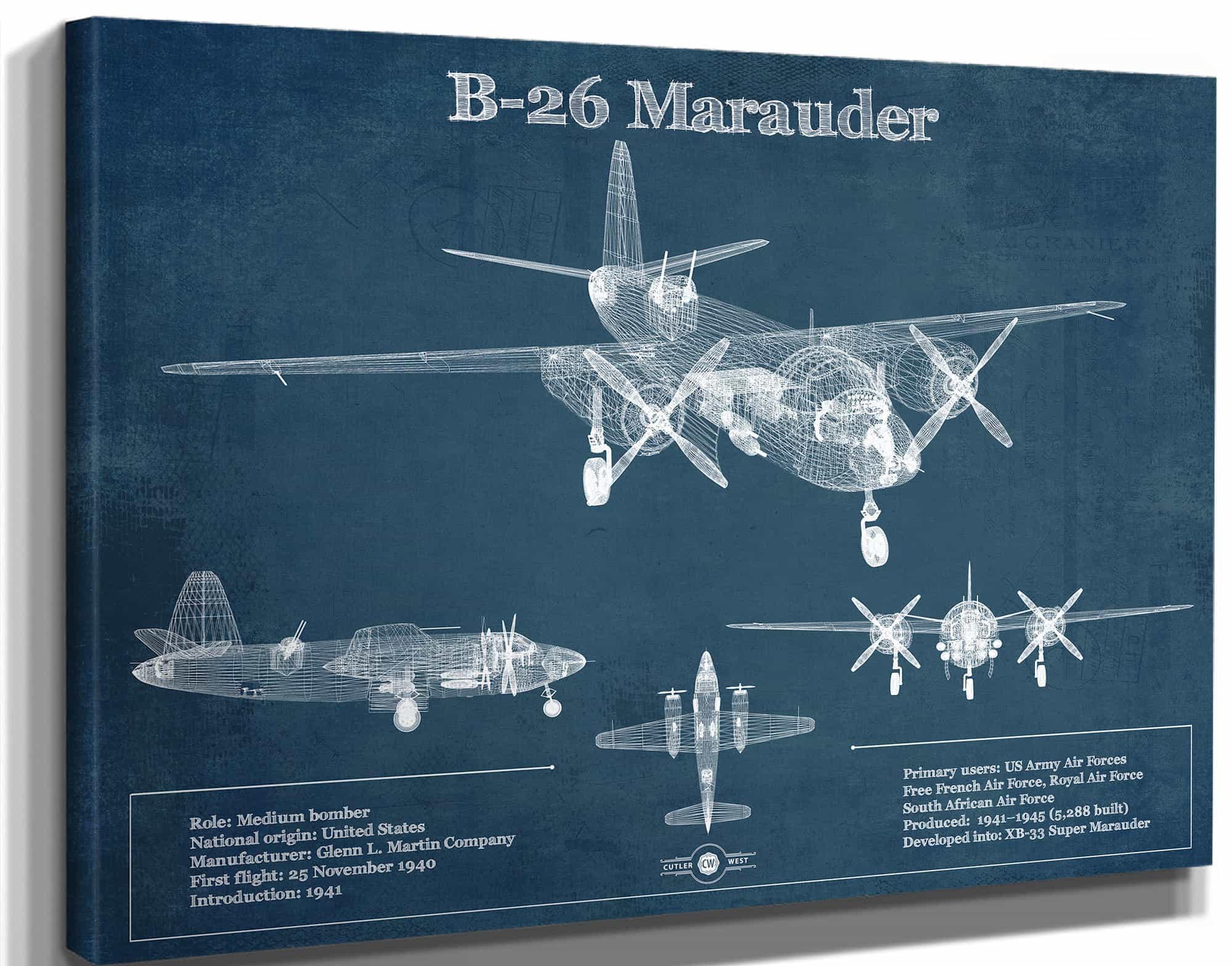 Martin B-26 Marauder - Medium Bomber Vintage Aviation Blueprint Print