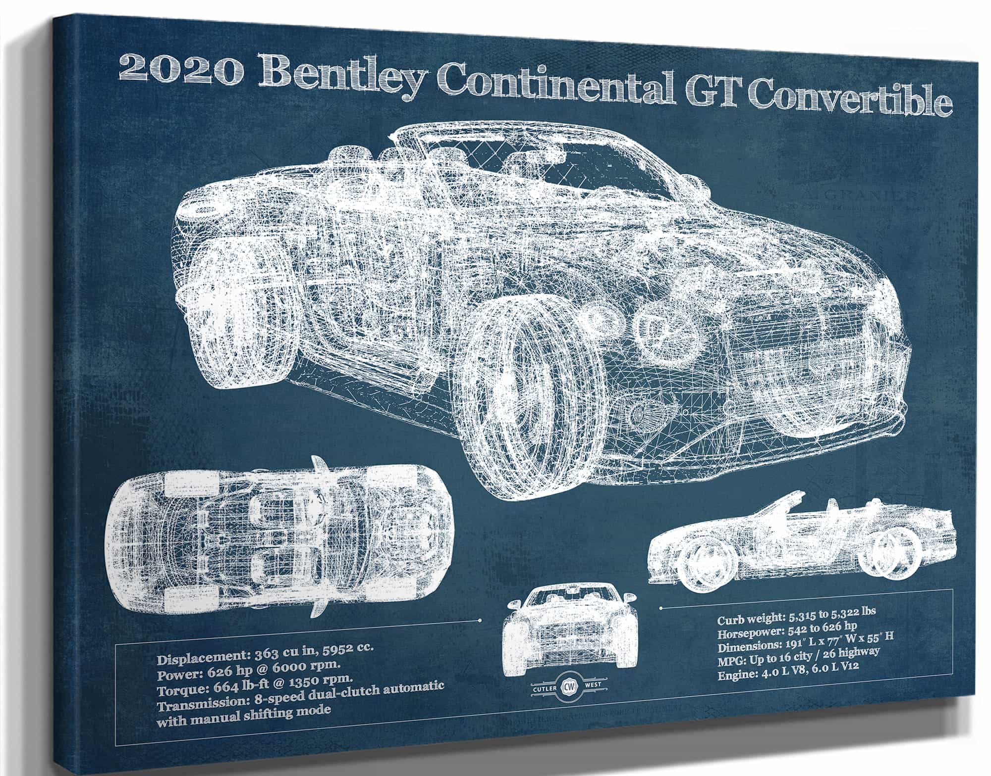 2020 Bentley Continental Gt Convertible Vintage Blueprint Auto Print