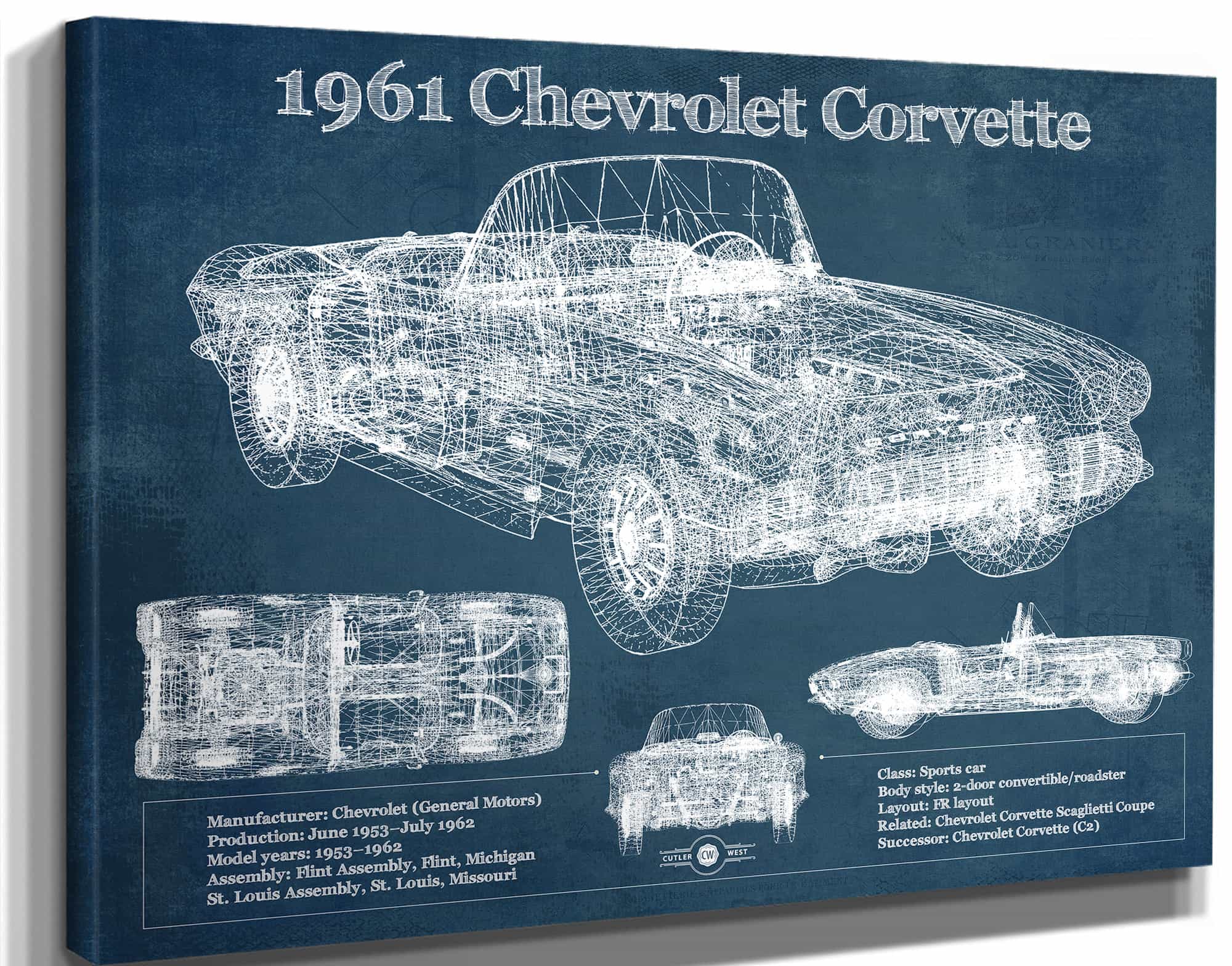 1961 Chevrolet Corvette C1 Blueprint Vintage Auto Print