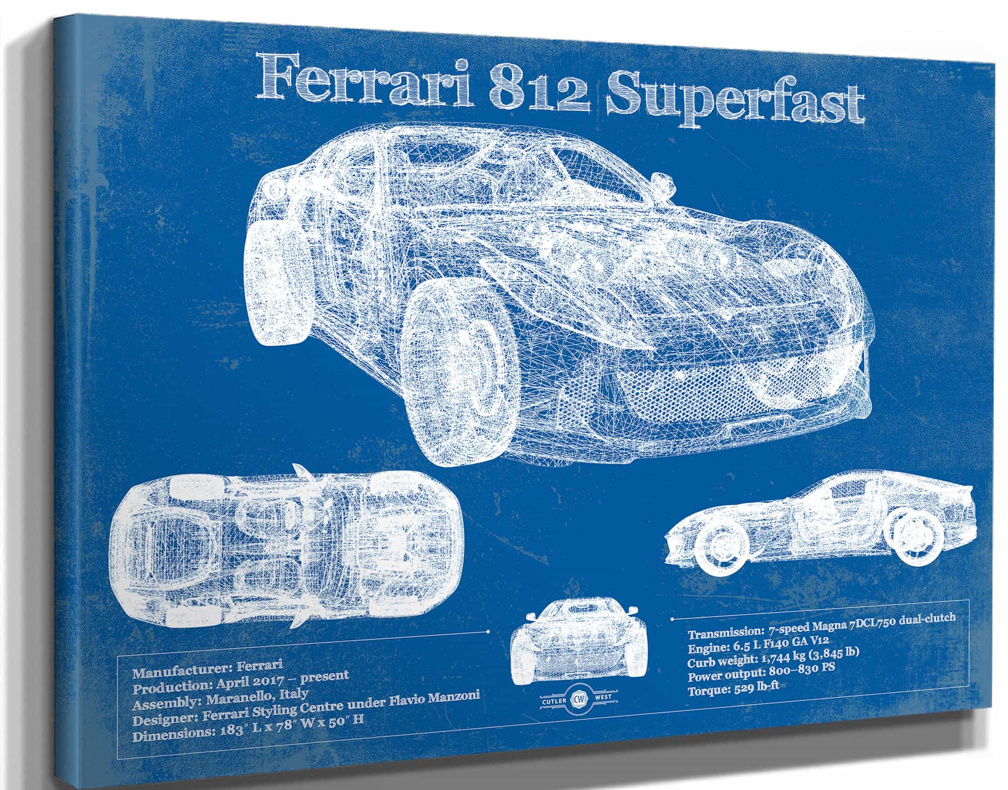 Ferrari 812 Superfast Blueprint Vintage Auto Print
