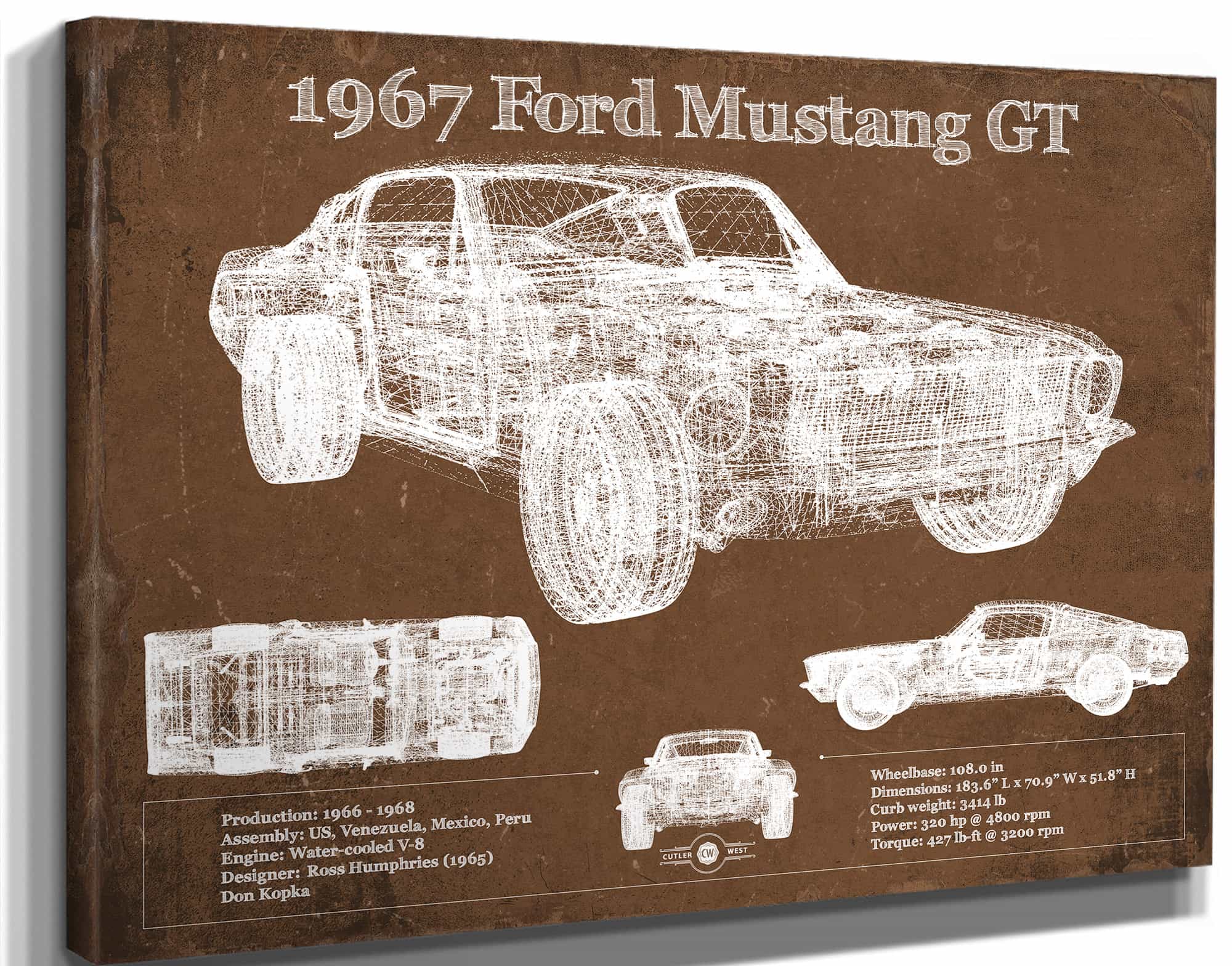 1967 Ford Mustang GT Blueprint Vintage Auto Print