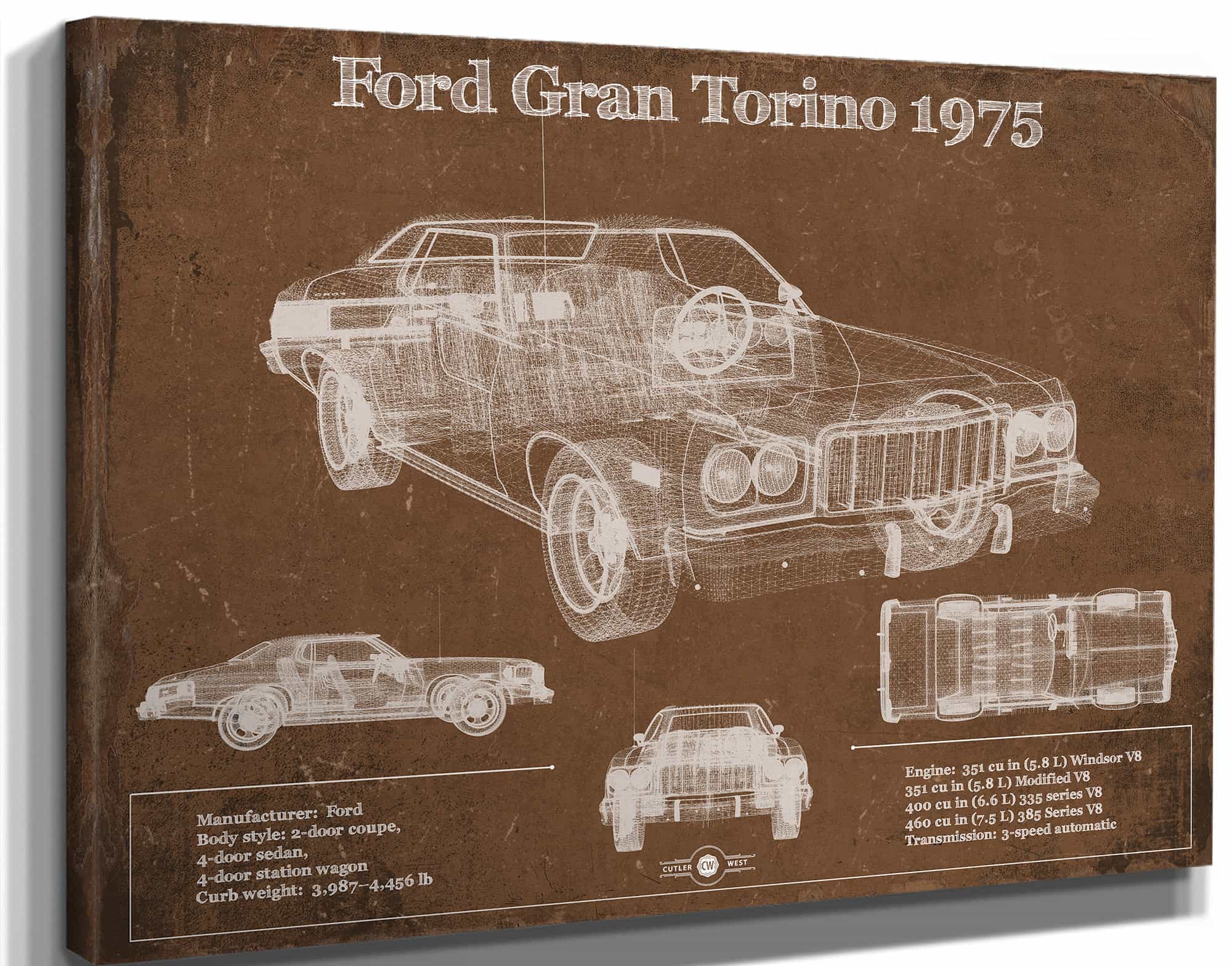 Ford Gran Torino 1975 Blueprint Vintage Auto Print