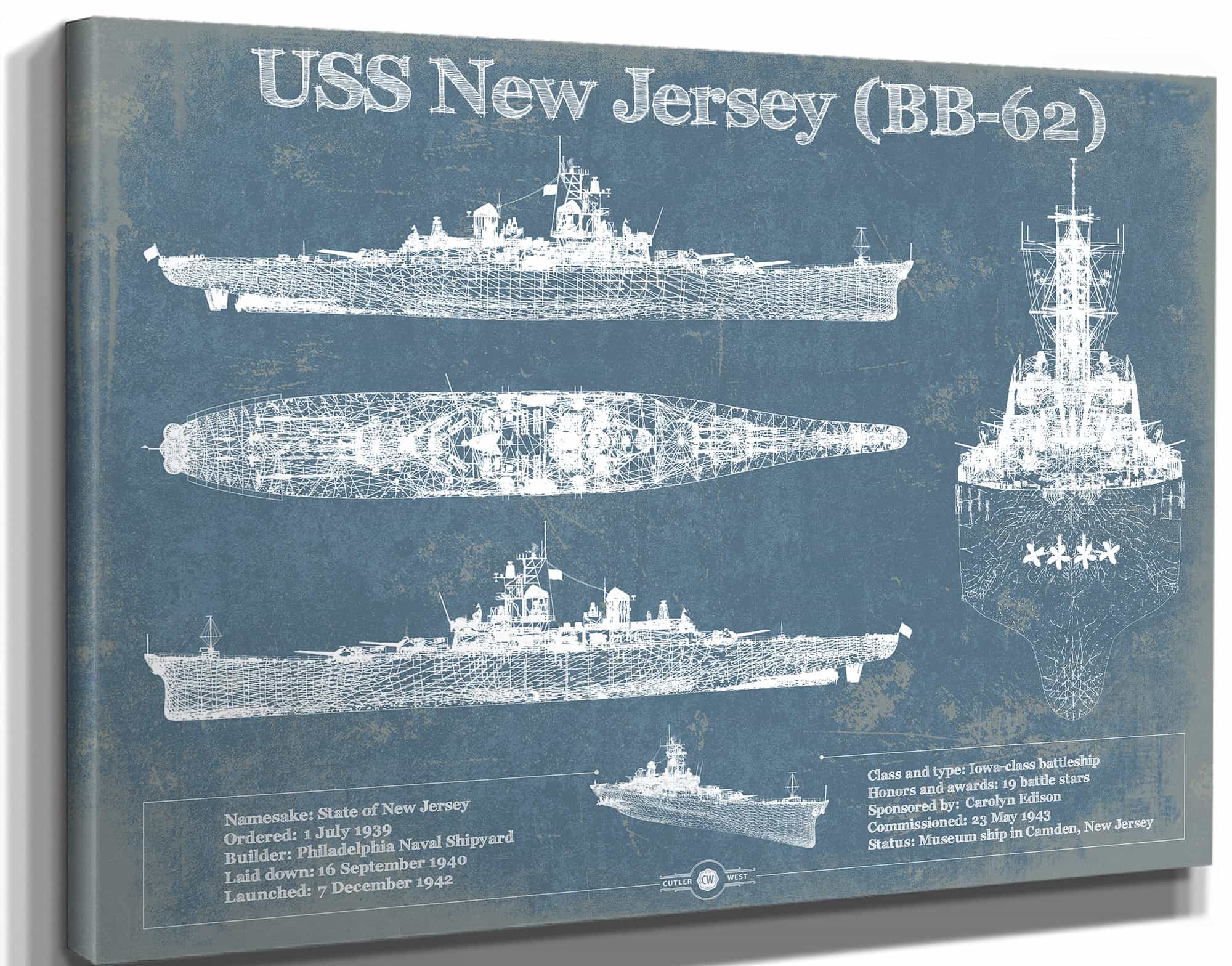 USS New Jersey (BB-62) Battleship Blueprint Original Military Wall Art - Customizable