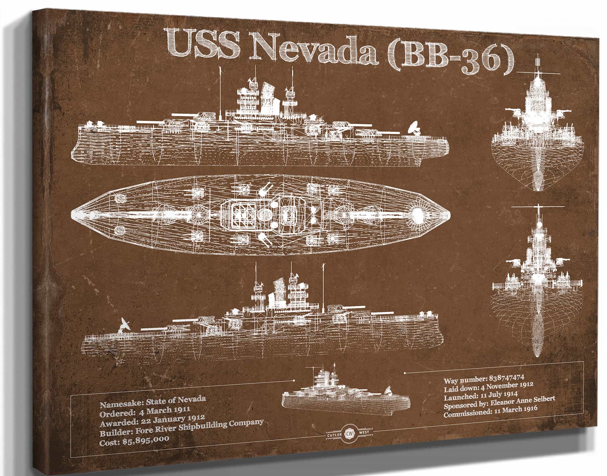 USS Nevada (BB-36) Battleship Blueprint Original Military Wall Art - Customizable