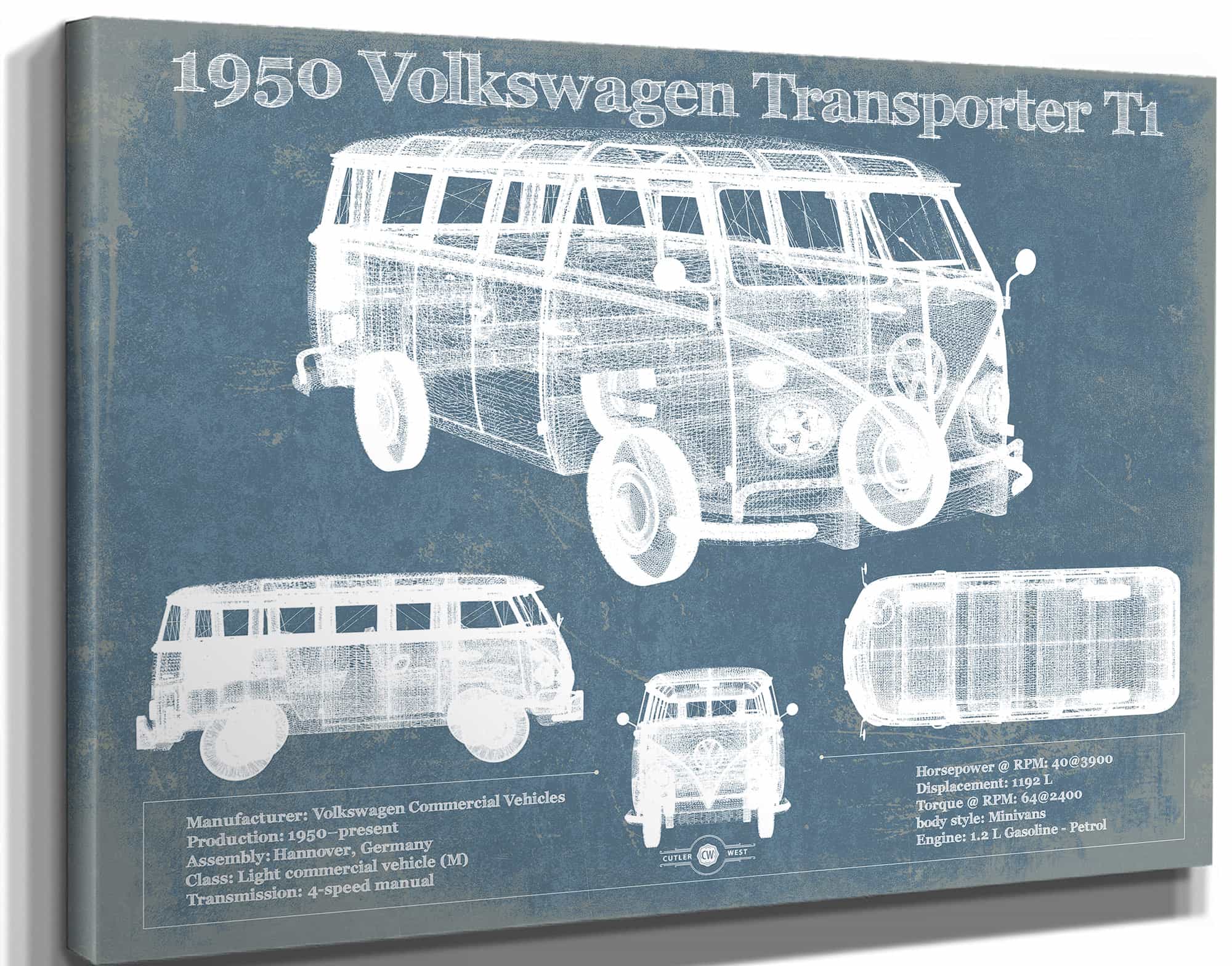 1950 Volkswagen Transporter T1 Vintage Blueprint Auto Print