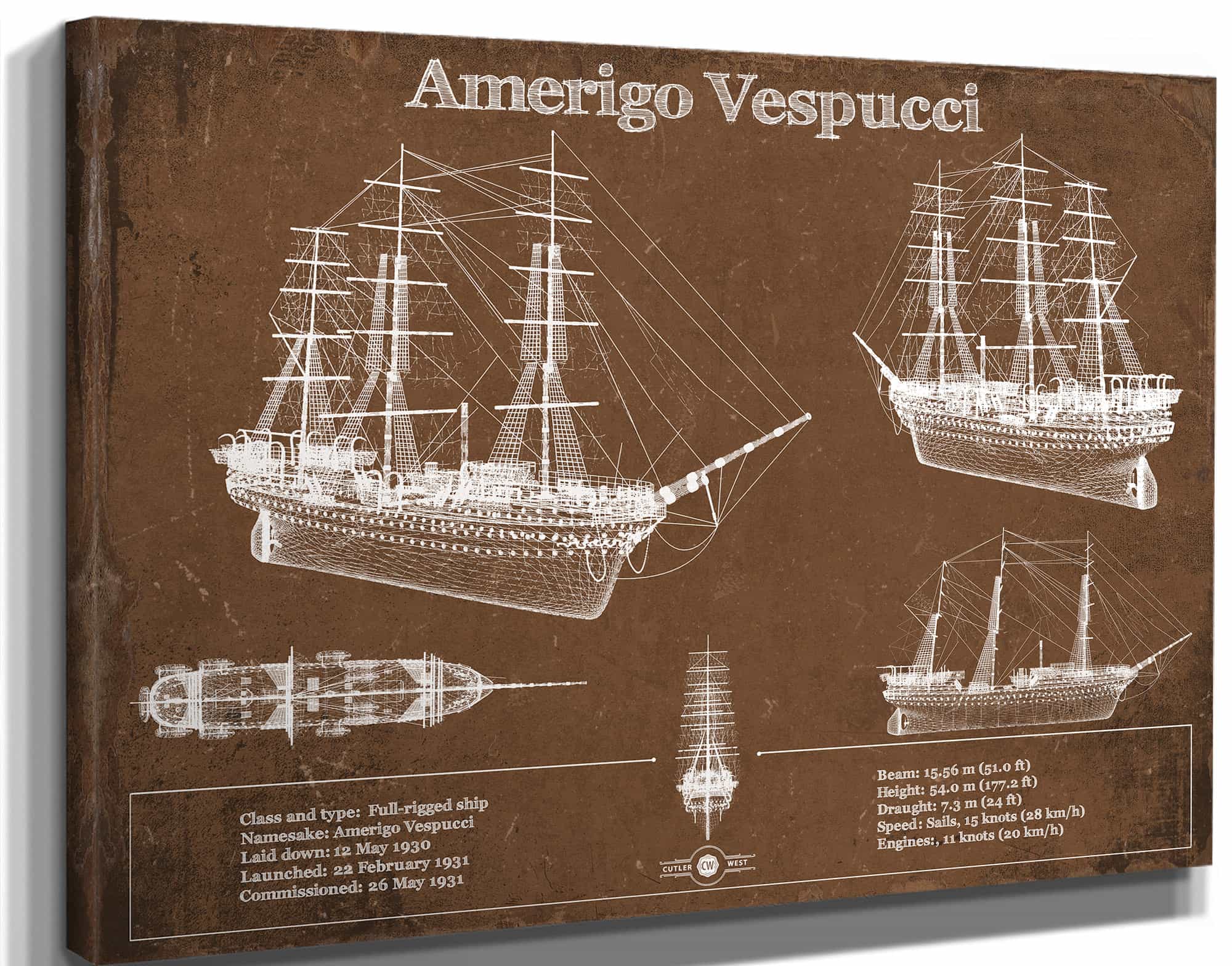 Italian Training Ship Amerigo Vespucci Blueprint Original Military Wall Art
