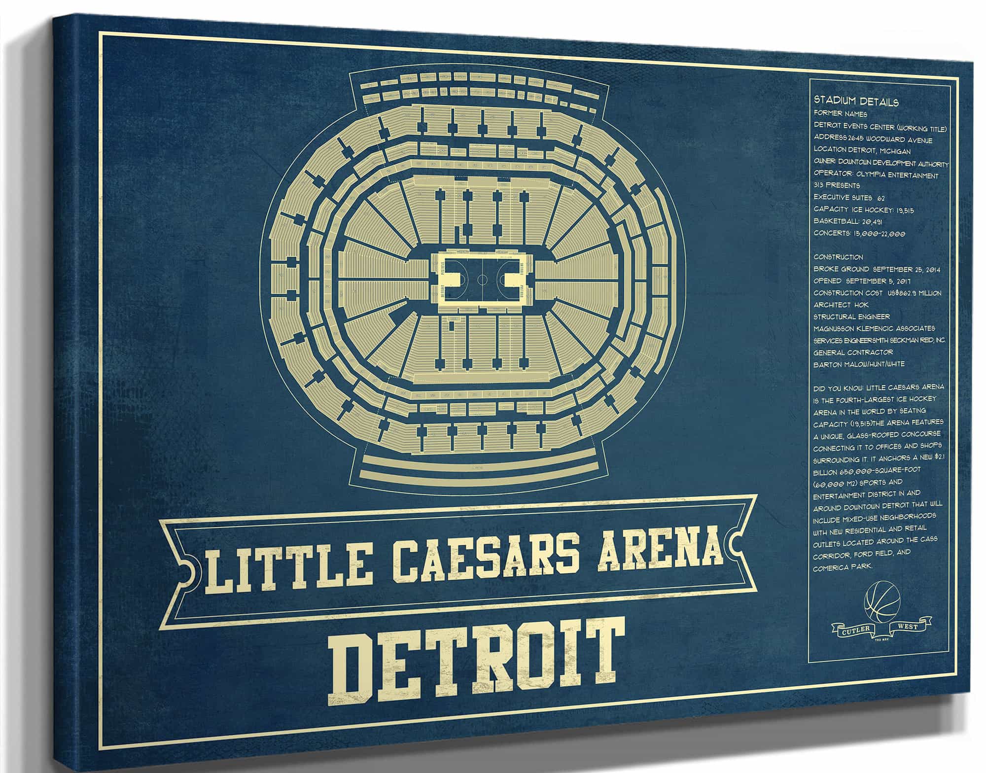 Detroit Pistons Little Caesars Arena Vintage Basketball Blueprint NBA Print