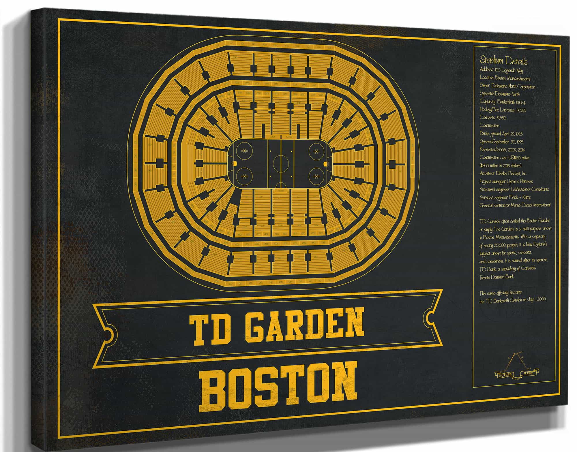 Boston Bruins Team Colors - TD Garden Vintage Hockey Blueprint NHL Print