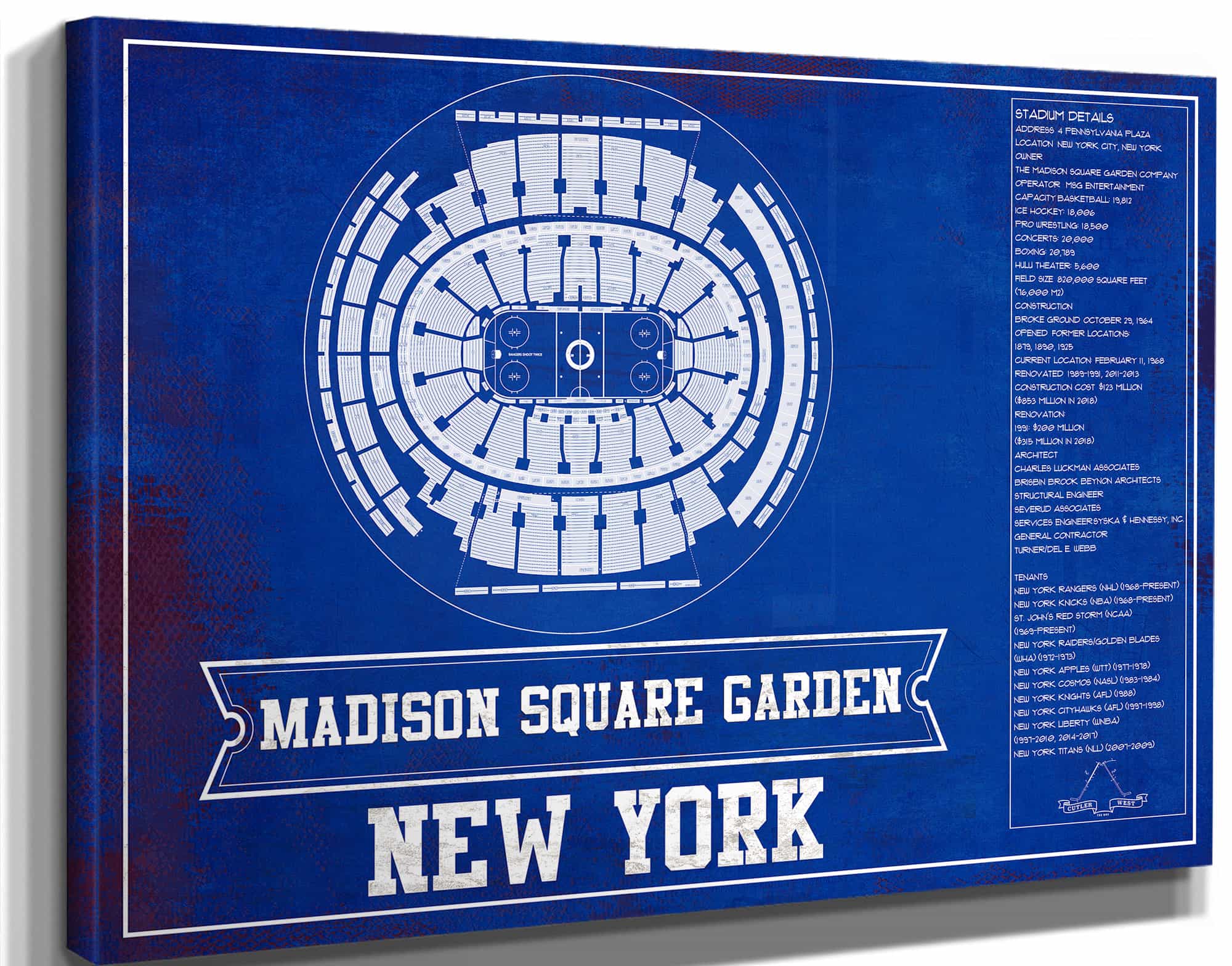 New York Rangers Team Colors - Madison Square Garden Vintage Hockey Blueprint NHL Print