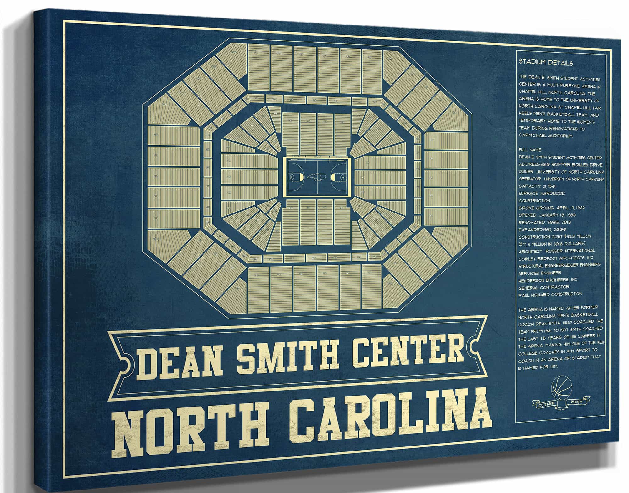 Dean E. Smith Center North Carolina Tar Heels NCAA College Basketball Blueprint Art