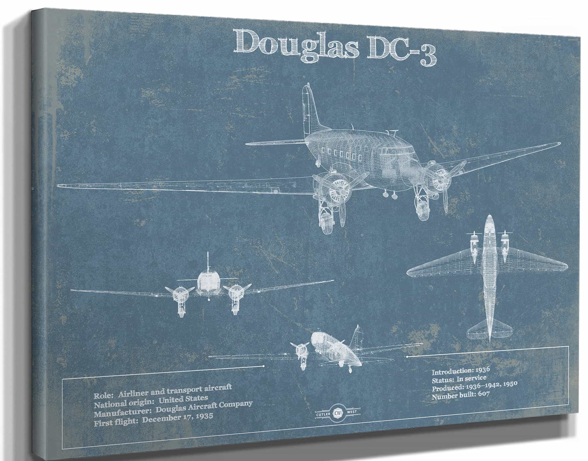 DC-3 Vintage Blueprint Airplane Wall Art