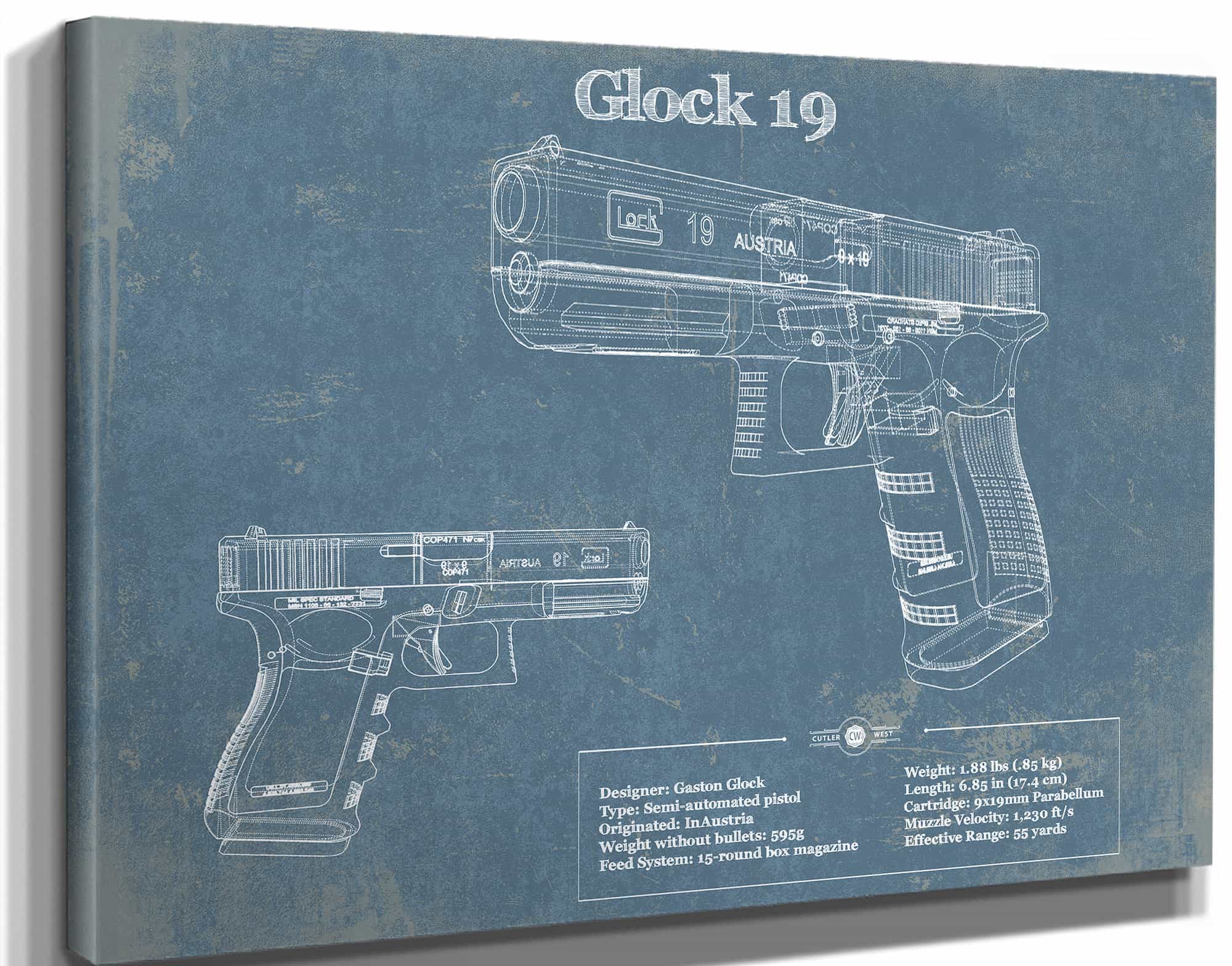 Glock 19 Blueprint Vintage Gun Print