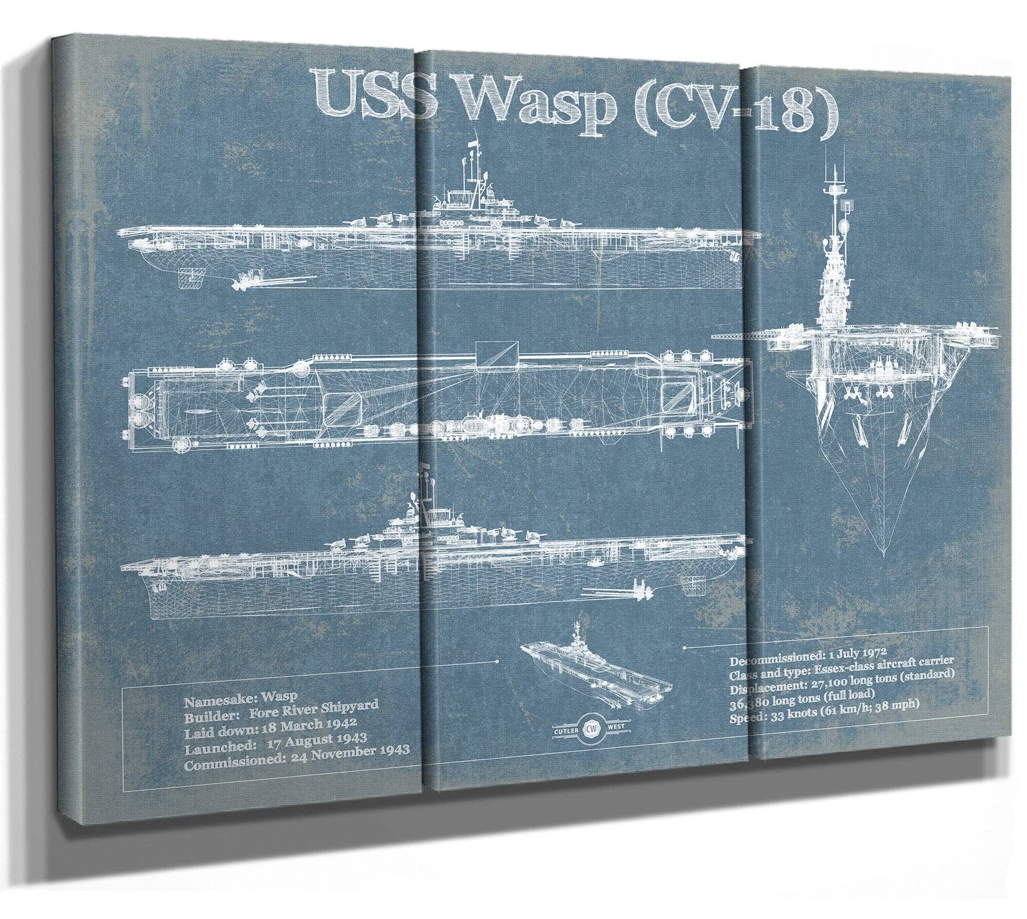 USS Wasp (CV-18) Aircraft Carrier Blueprint Original Military Wall Art - Customizable
