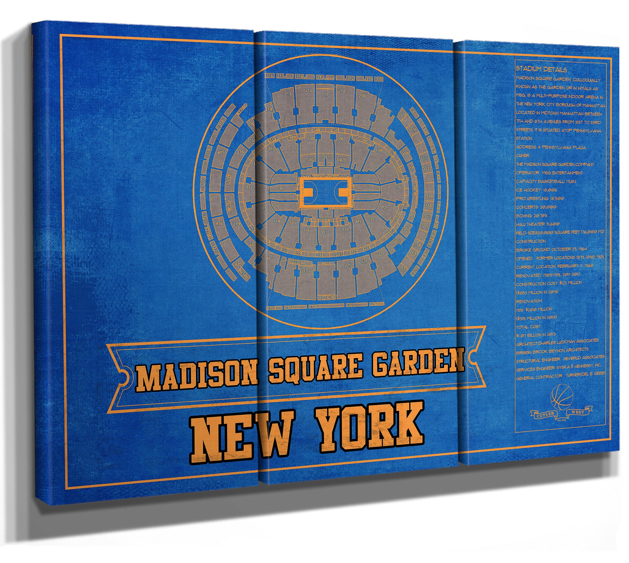 New York Knicks - Madison Square Garden Vintage Blueprint NBA Basketball NBA Team Color Print